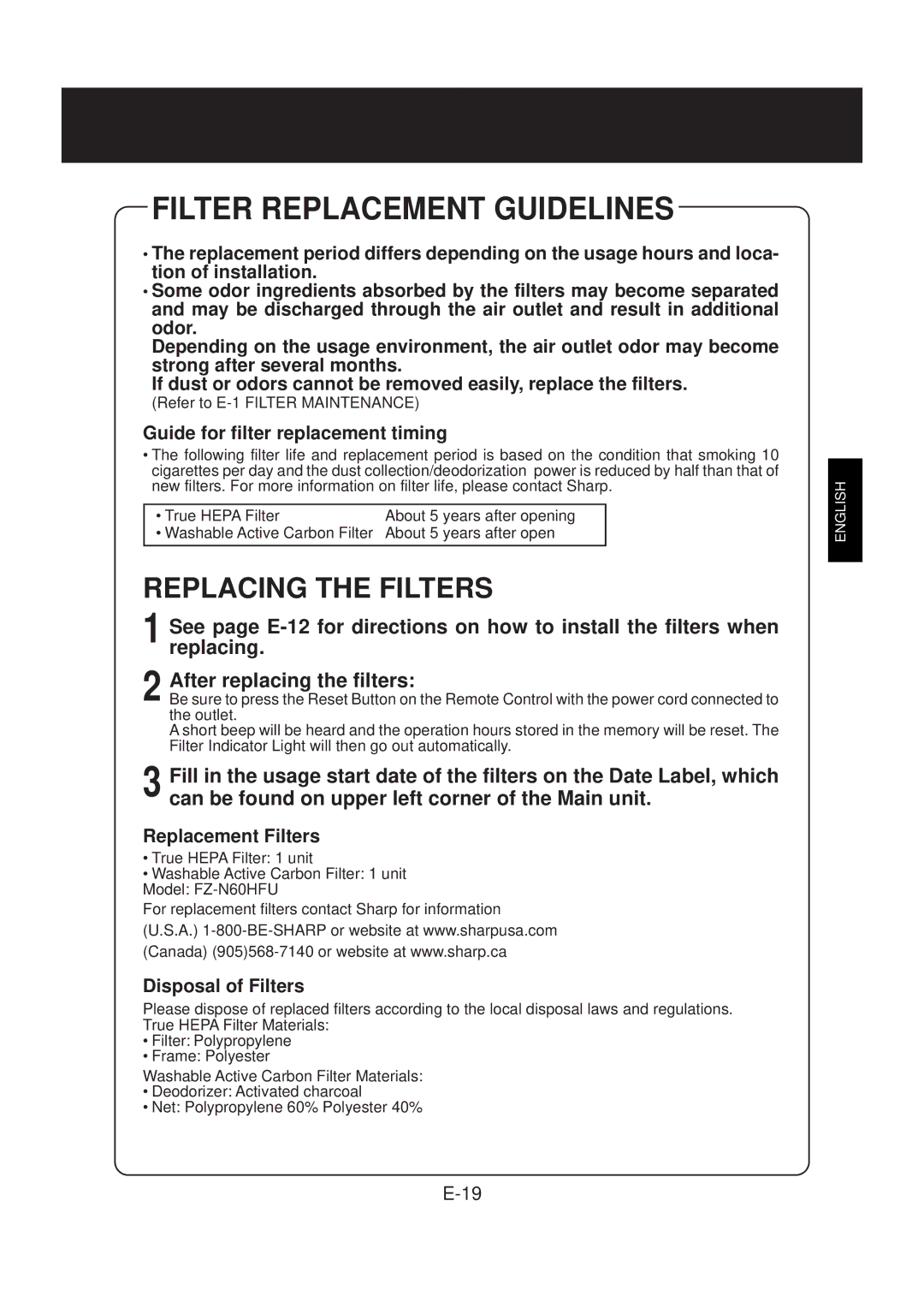 Sharp FP-N60CX operation manual Filter Replacement Guidelines, Guide for filter replacement timing, Replacement Filters 