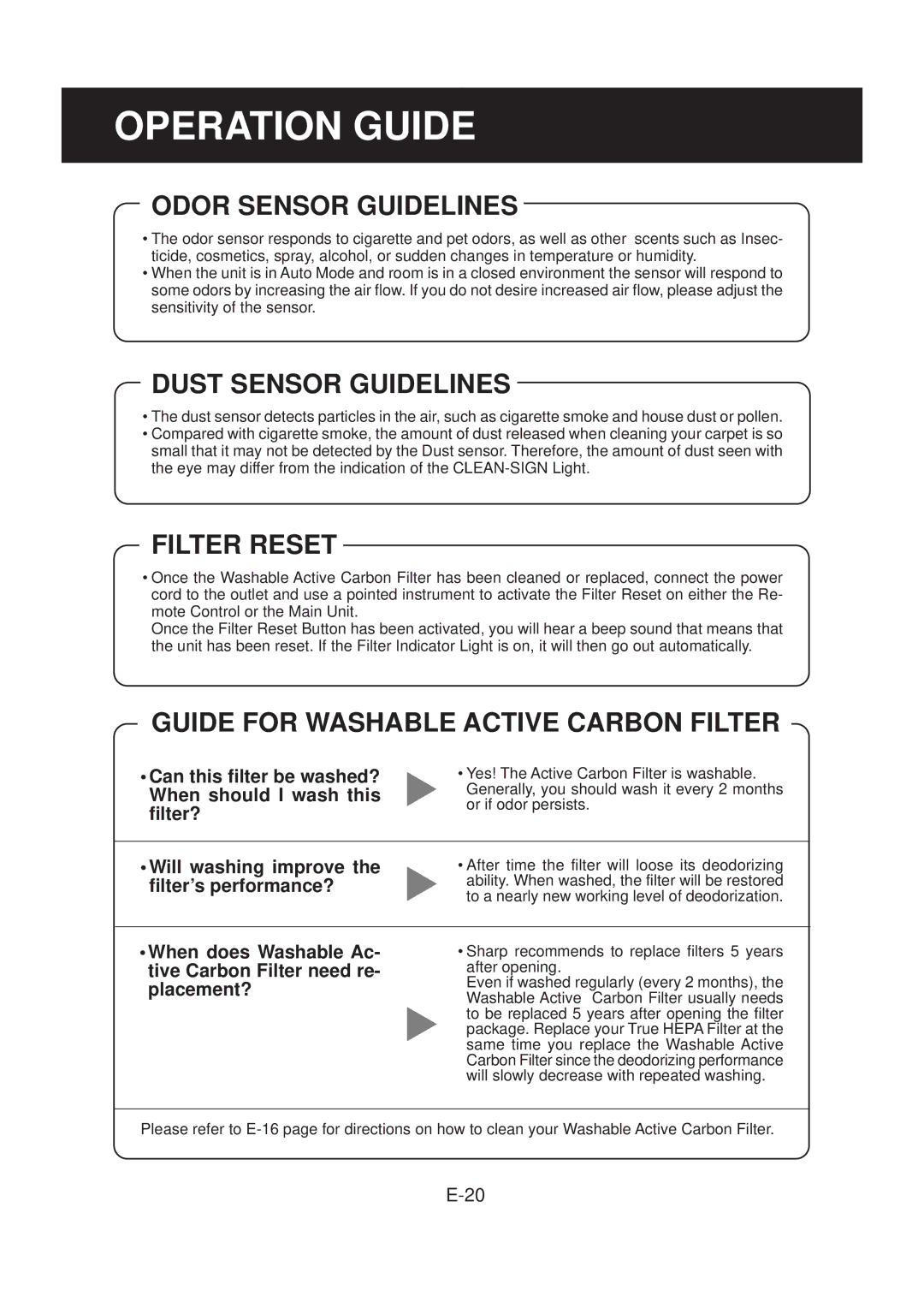 Sharp FP-N60CX operation manual Operation Guide, Can this filter be washed? When should I wash this filter? 