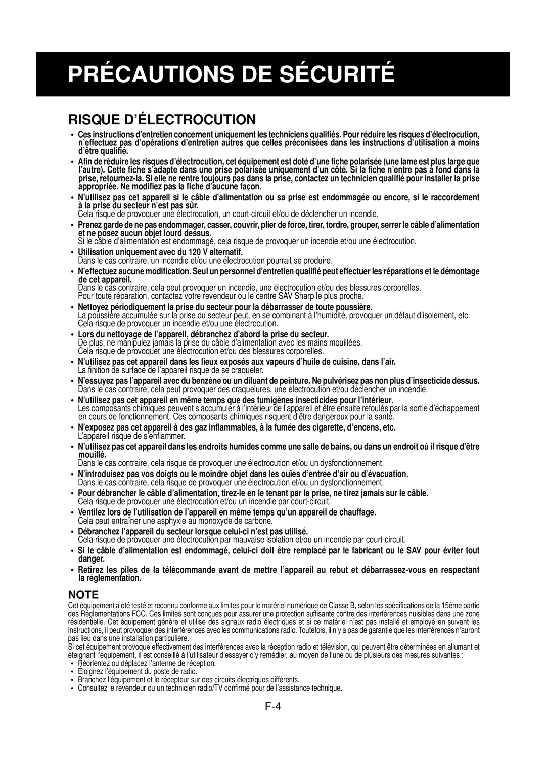 Sharp FP-N60CX operation manual Précautions DE Sécurité, Risque D’ÉLECTROCUTION 