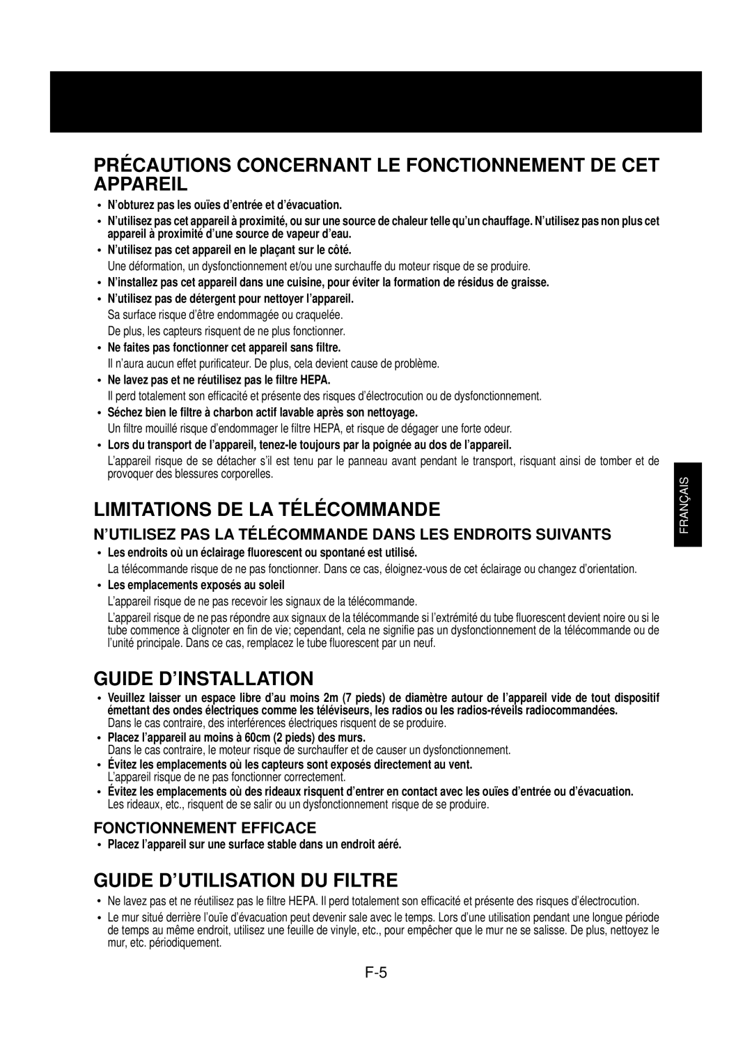 Sharp FP-N60CX operation manual Précautions Concernant LE Fonctionnement DE CET Appareil 