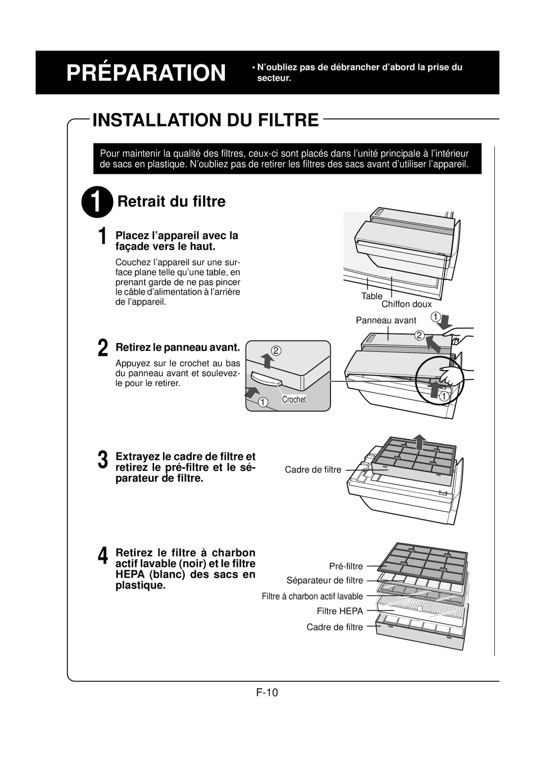 Sharp FP-N60CX operation manual Placez l’appareil avec la façade vers le haut, Retirez le panneau avant 