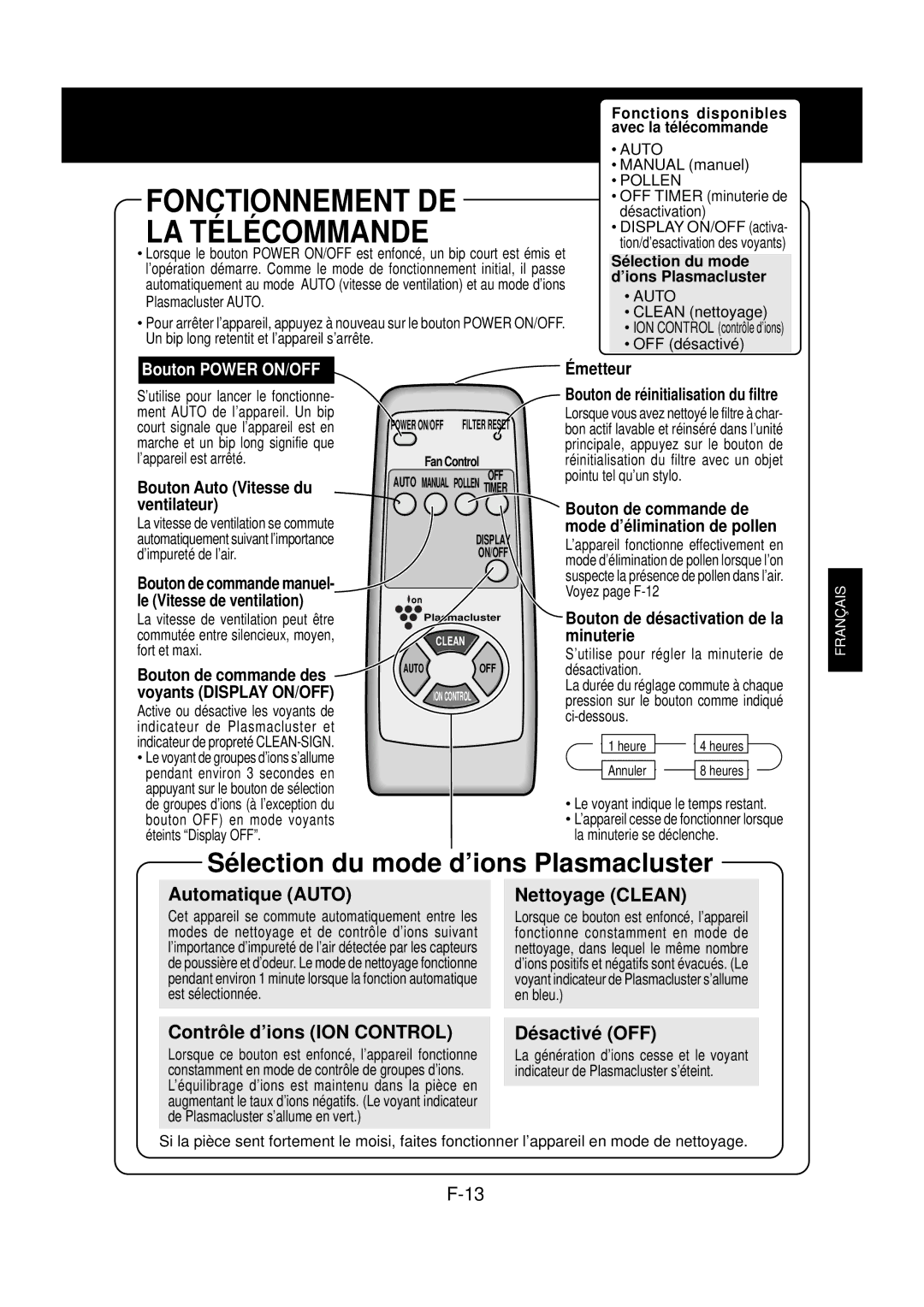 Sharp FP-N60CX operation manual Automatique Auto, Nettoyage Clean, Contrôle d’ions ION Control Désactivé OFF 