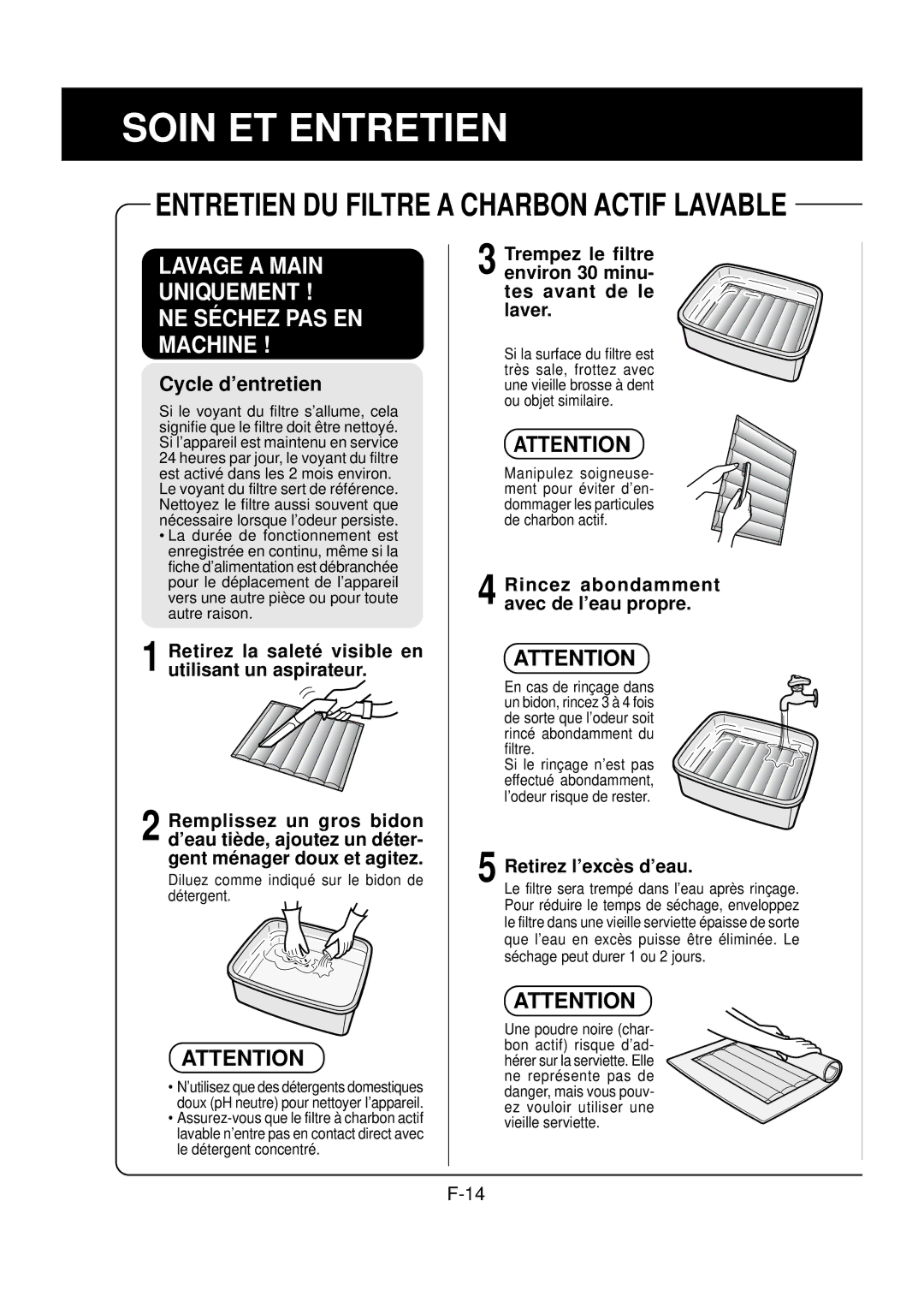 Sharp FP-N60CX Soin ET Entretien, Trempez le filtre environ 30 minu- tes avant de le laver, Retirez l’excès d’eau 