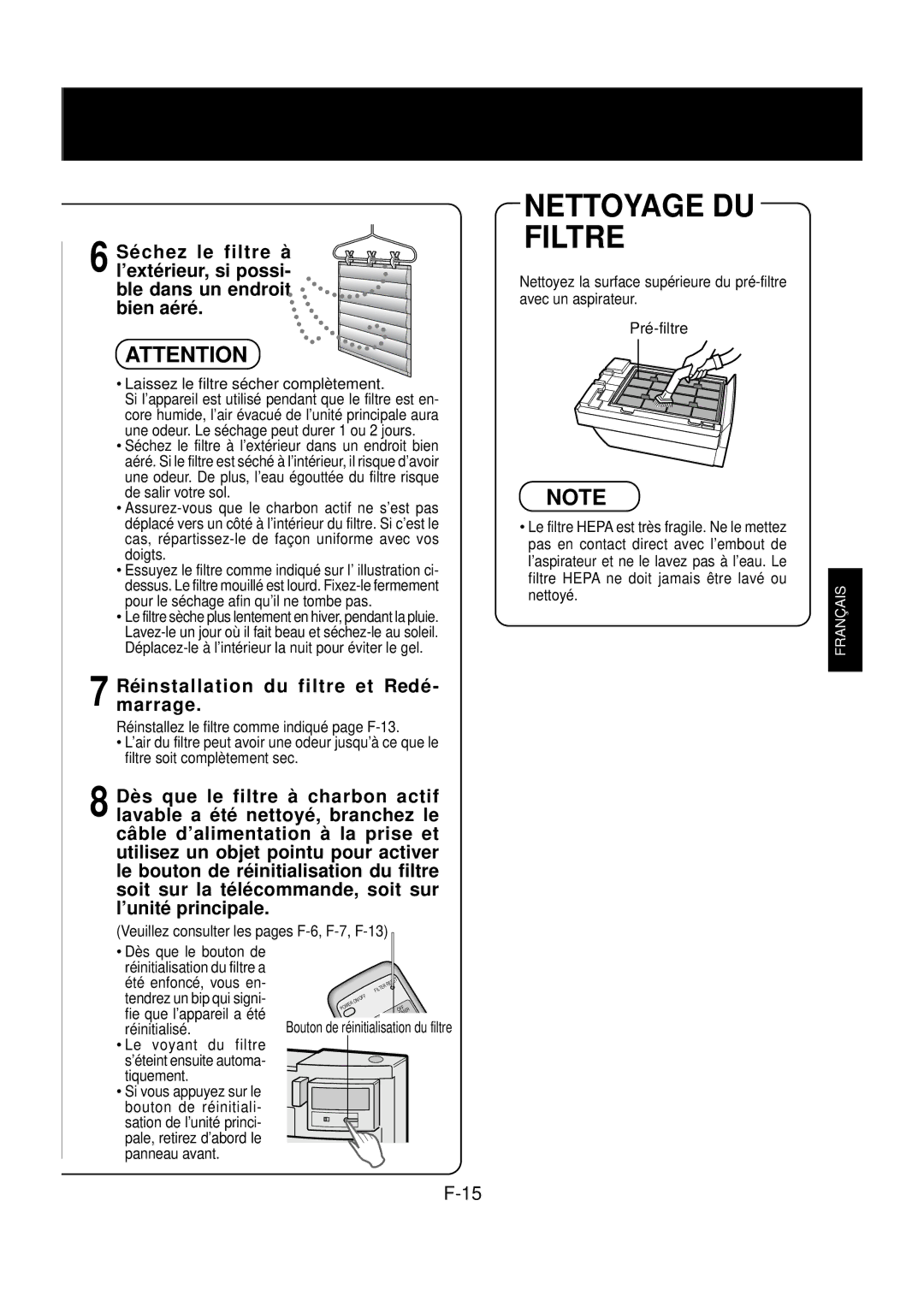 Sharp FP-N60CX operation manual Réinstallationmarrage. du filtre et Redé, Laissez le filtre sécher complètement 