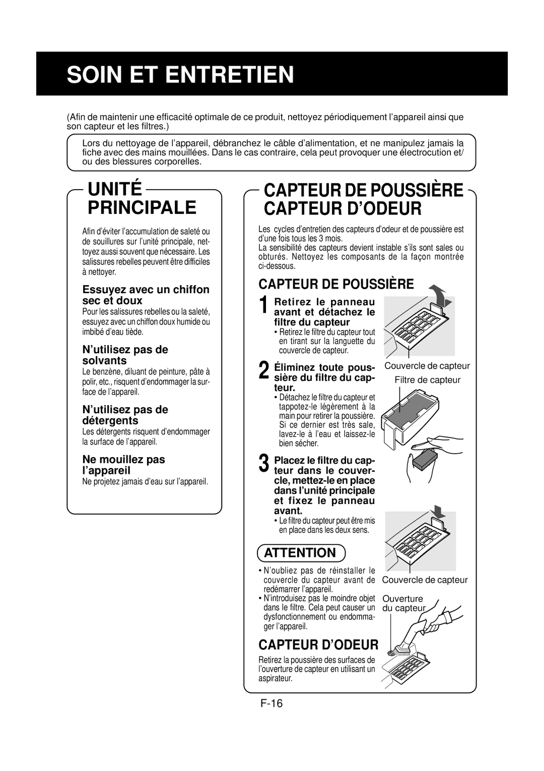 Sharp FP-N60CX Essuyez avec un chiffon, Sec et doux, ’utilisez pas de solvants, ’utilisez pas de détergents 