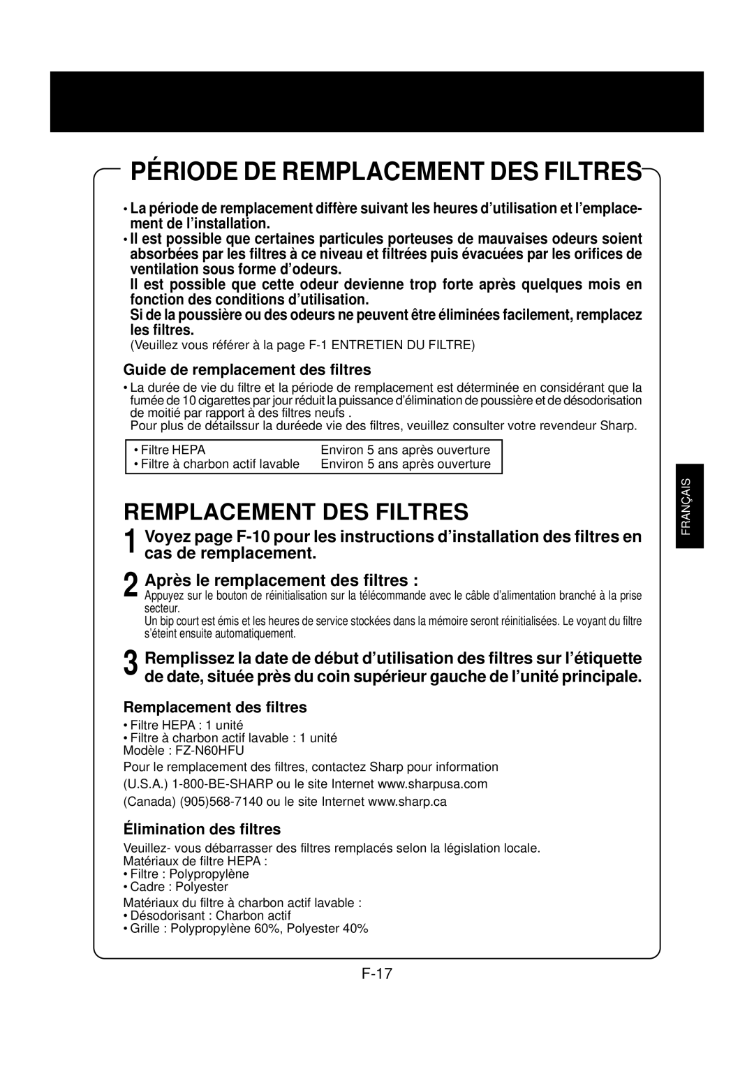 Sharp FP-N60CX Les filtres, Guide de remplacement des filtres, Remplacement des filtres, Élimination des filtres 