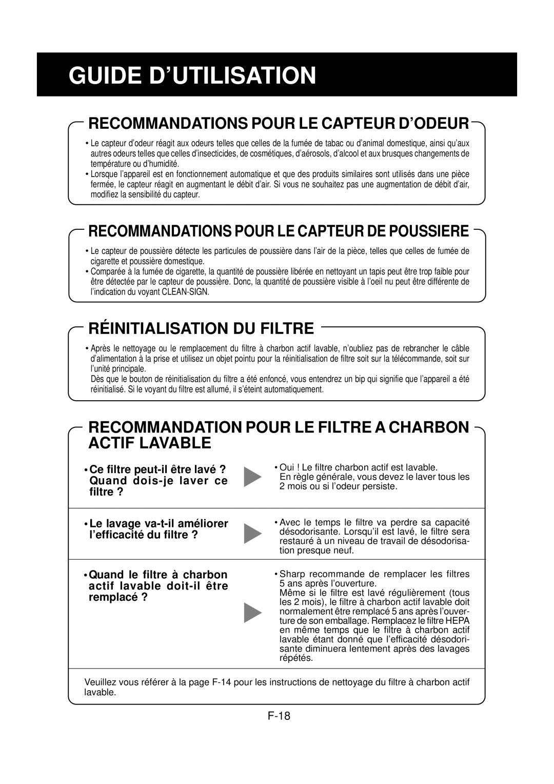 Sharp FP-N60CX operation manual Guide D’UTILISATION, Le lavage va-t-il améliorer l’efficacité du filtre ? 