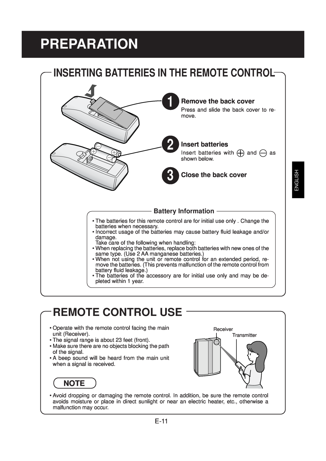Sharp FP-N60CX operation manual Preparation, Remote Control Use, Inserting Batteries In The Remote Control, E-11 