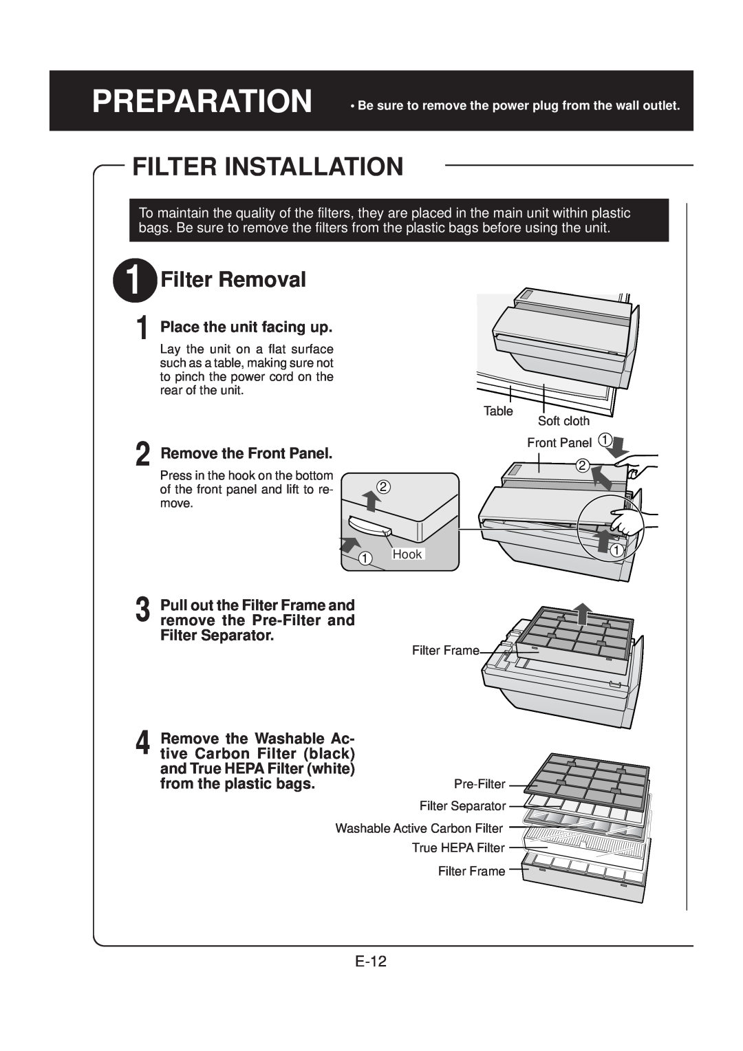 Sharp FP-N60CX operation manual Filter Installation, Filter Removal, E-12 