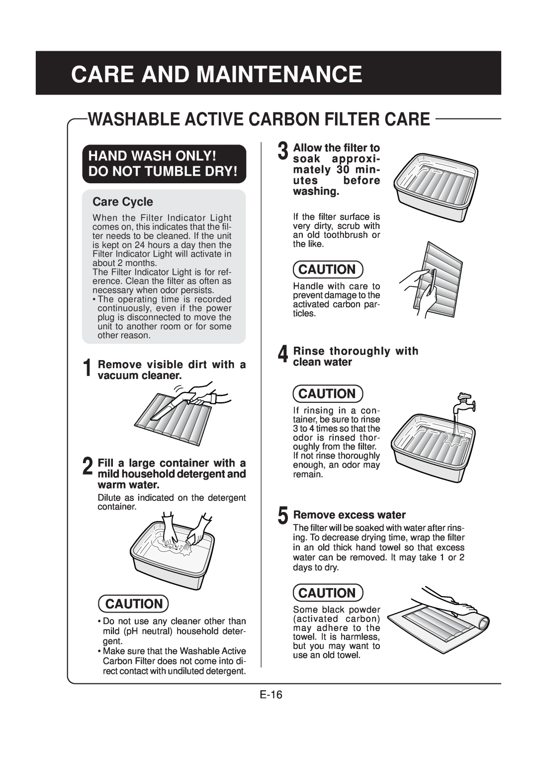 Sharp FP-N60CX Care And Maintenance, Washable Active Carbon Filter Care, Hand Wash Only! Do Not Tumble Dry, E-16 