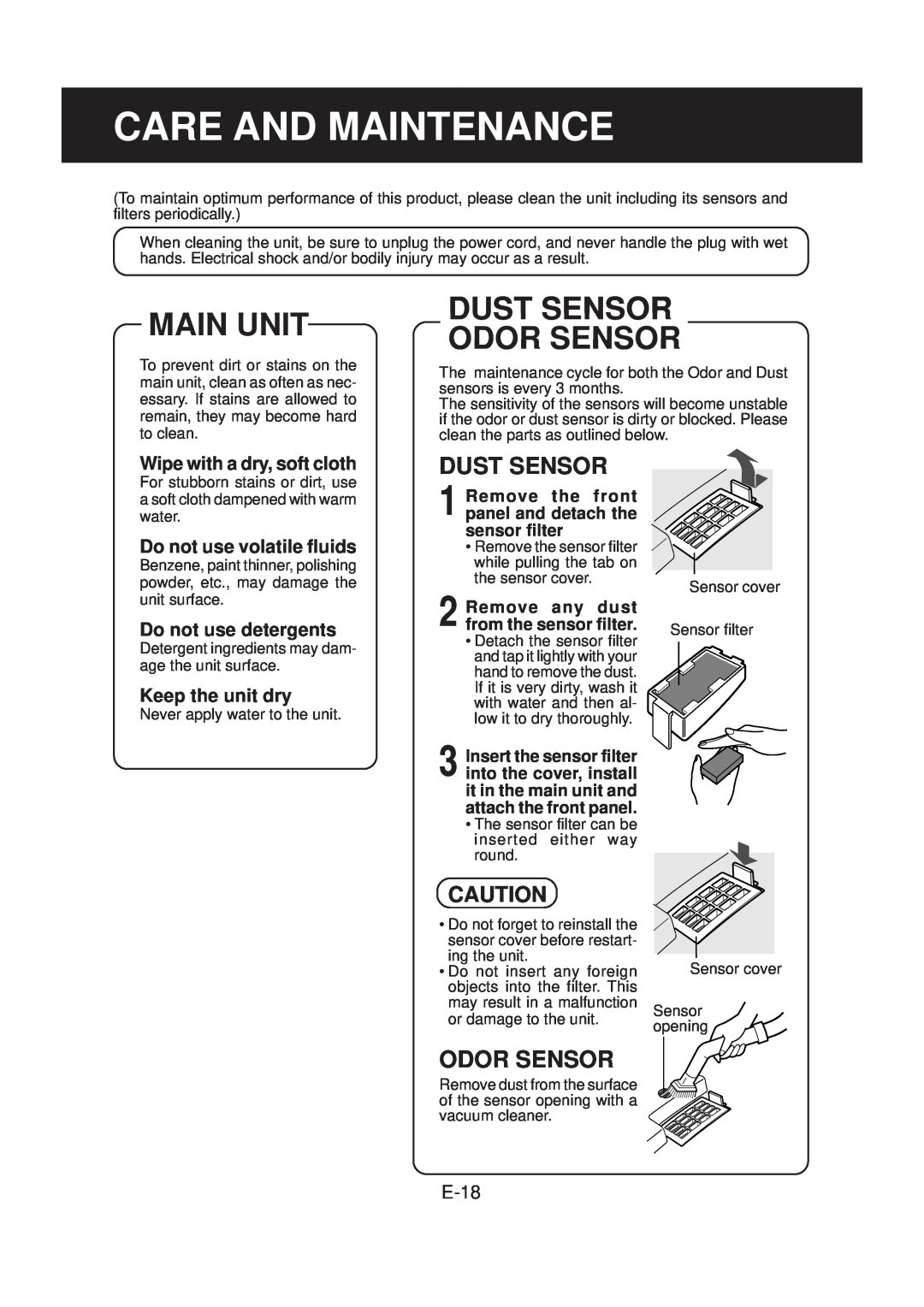 Sharp FP-N60CX operation manual Main Unit, Dust Sensor Odor Sensor, Care And Maintenance, E-18 