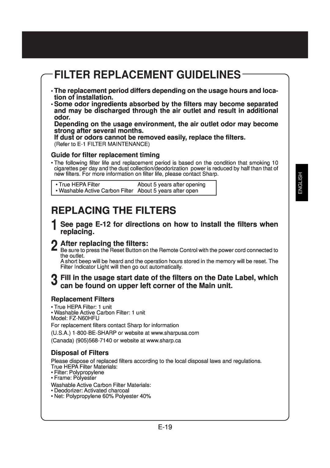 Sharp FP-N60CX operation manual Filter Replacement Guidelines, Replacing The Filters 