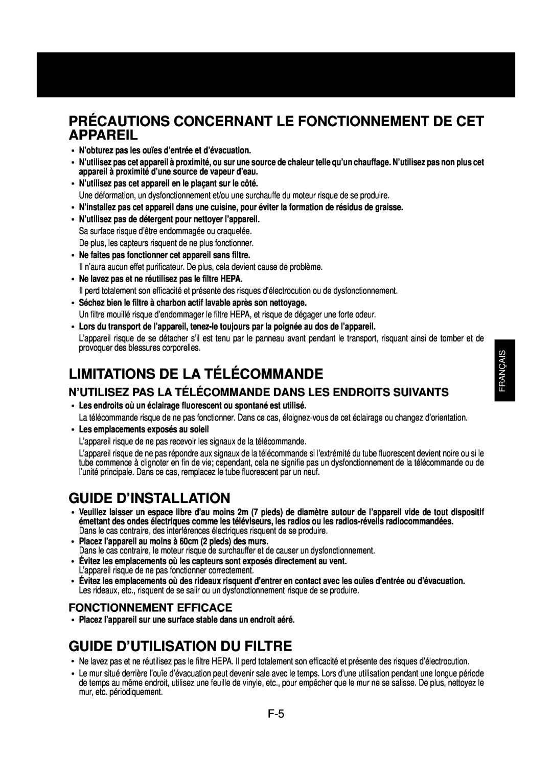 Sharp FP-N60CX operation manual Limitations De La Télécommande, Guide D’Installation, Guide D’Utilisation Du Filtre 