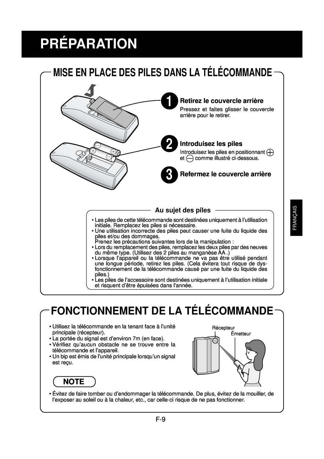 Sharp FP-N60CX Préparation, Fonctionnement De La Télécommande, Mise En Place Des Piles Dans La Télécommande 