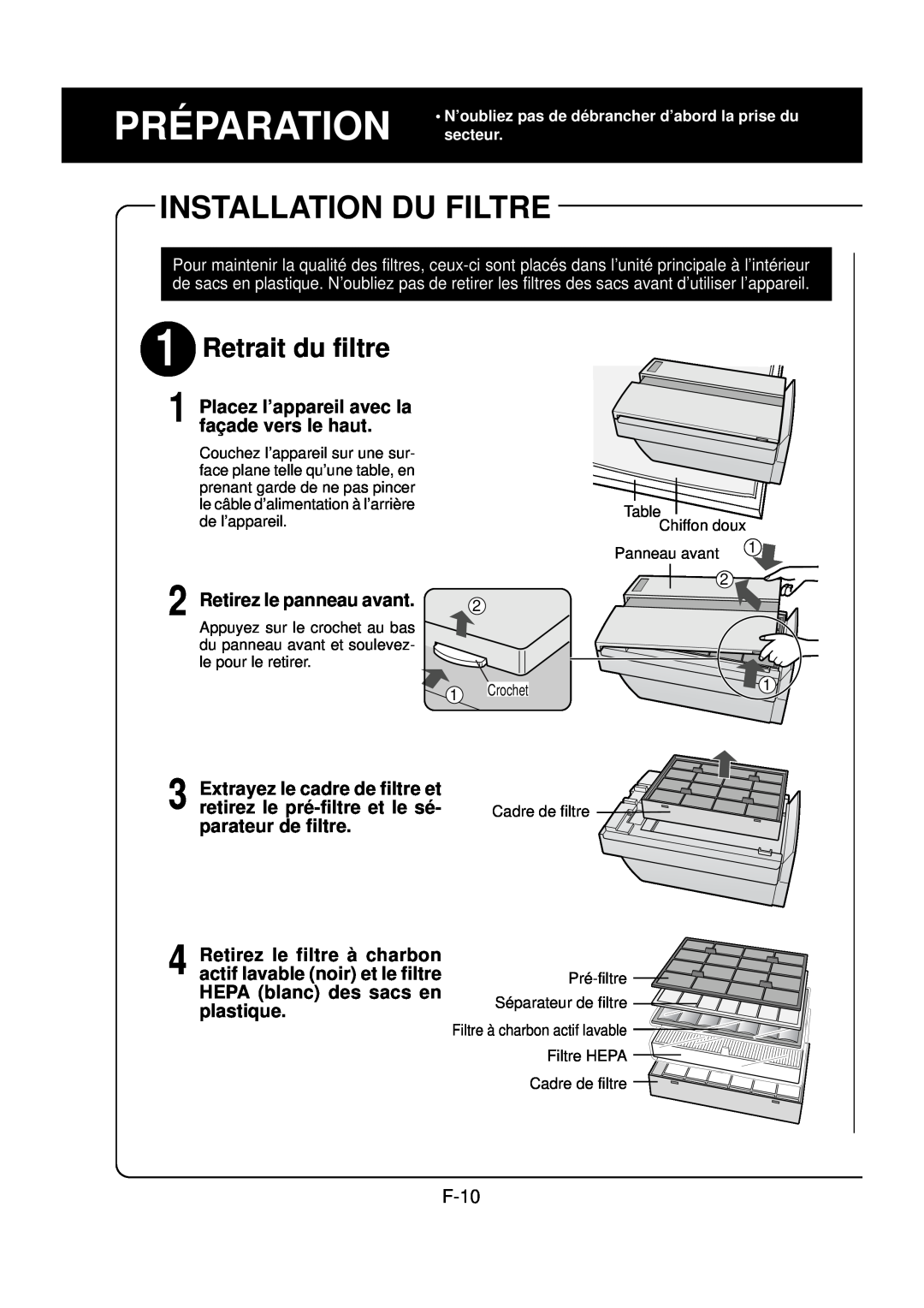 Sharp FP-N60CX Installation Du Filtre, Retrait du filtre, Préparation, Placez l’appareil avec la façade vers le haut, F-10 