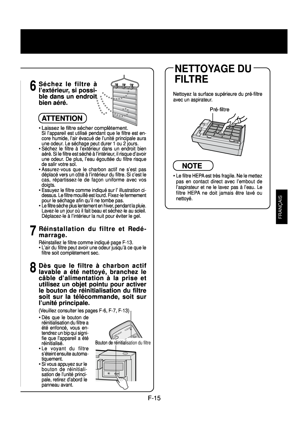 Sharp FP-N60CX operation manual Nettoyage Du Filtre, 7 Réinstallationmarrage. du filtre et Redé 