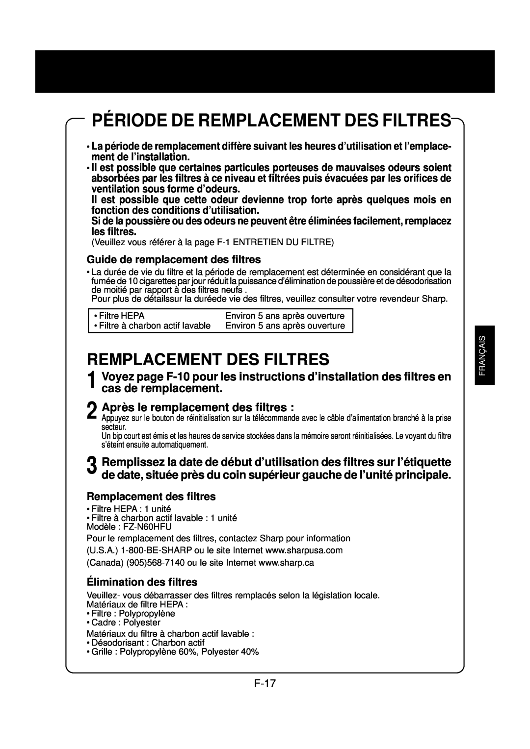 Sharp FP-N60CX operation manual Période De Remplacement Des Filtres 