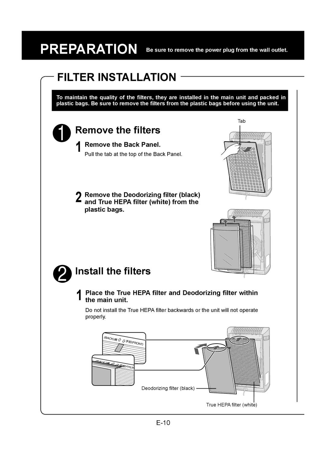 Sharp FP-P30U operation manual Filter Installation, Remove the Back Panel 