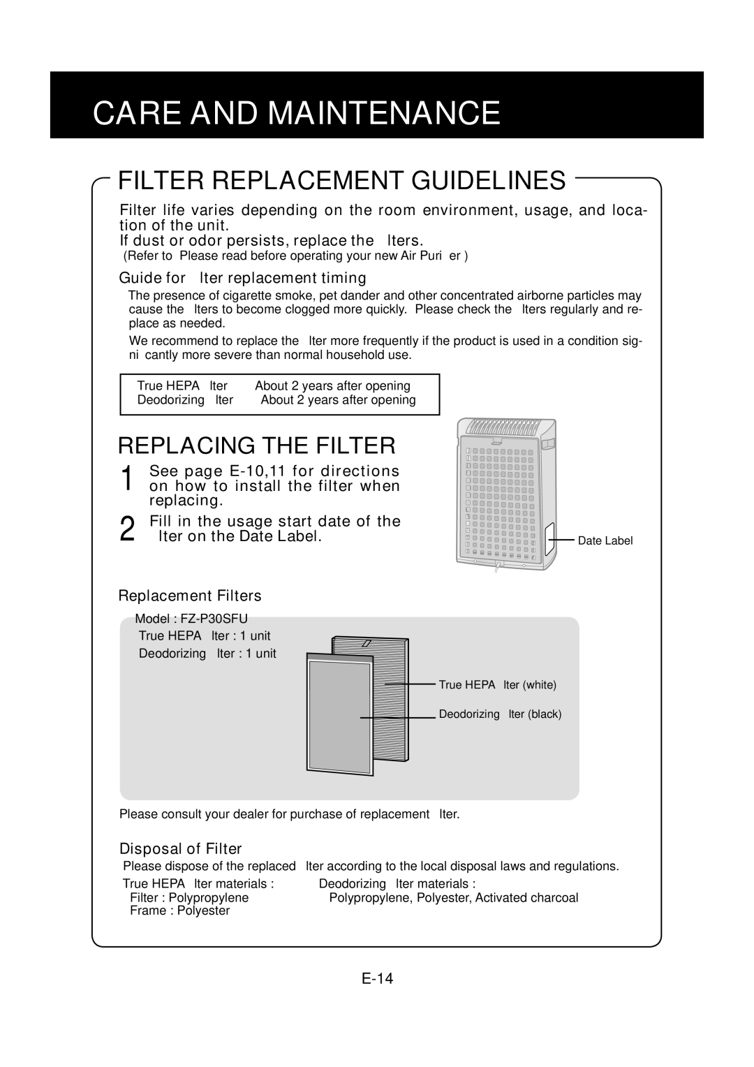 Sharp FP-P30U operation manual Filter Replacement Guidelines, Guide for ﬁlter replacement timing, Disposal of Filter 