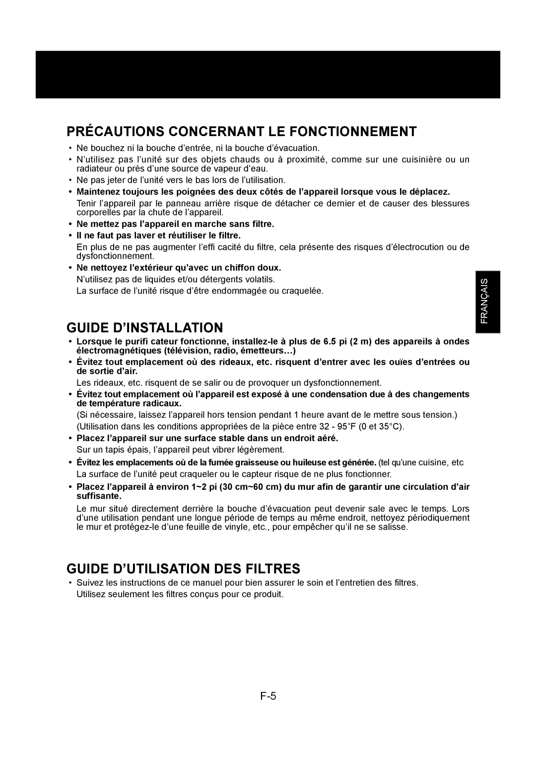 Sharp FP-P30U Précautions Concernant LE Fonctionnement, Guide D’INSTALLATION, Guide D’UTILISATION DES Filtres 