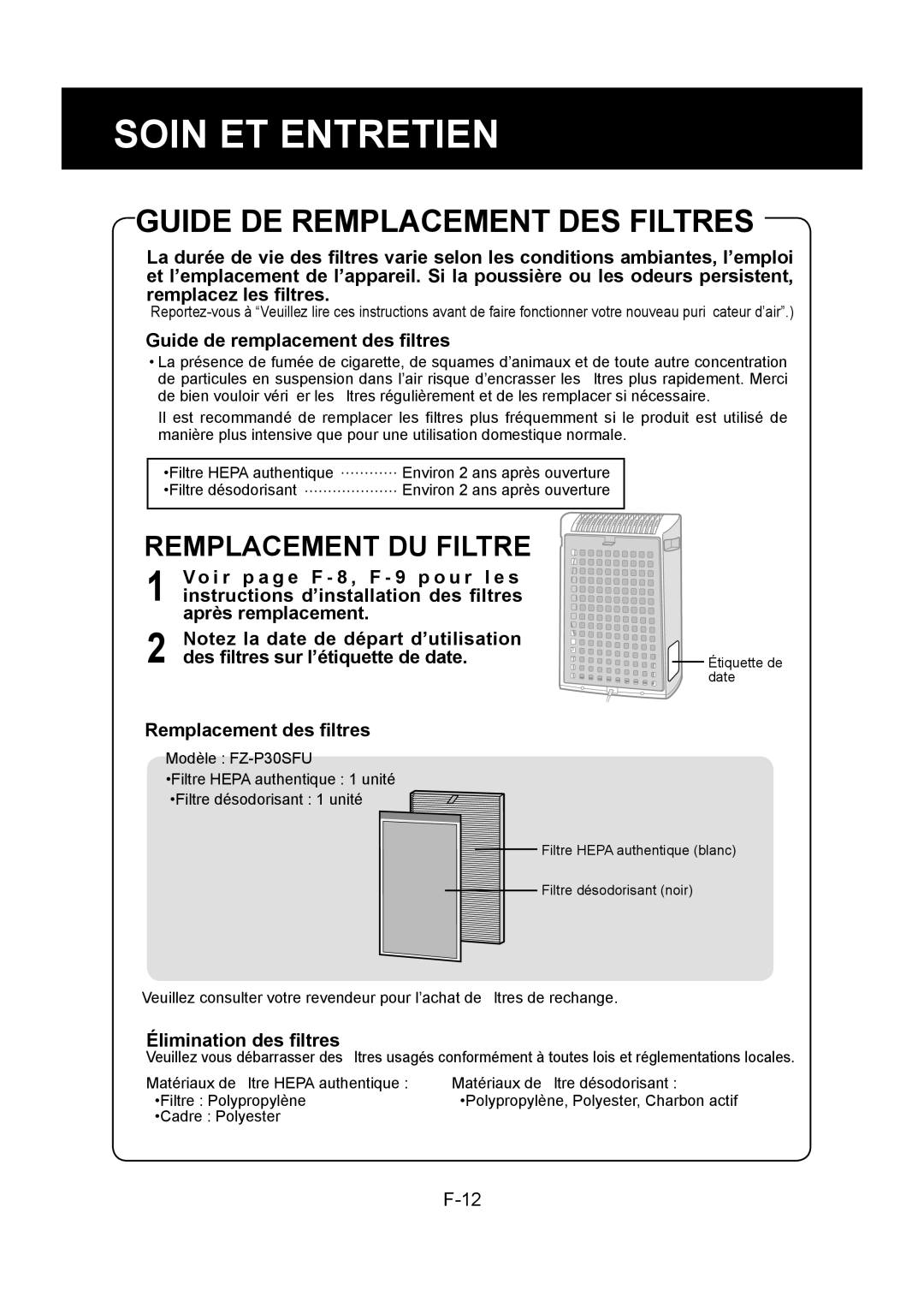 Sharp FP-P30U operation manual Guide DE Remplacement DES Filtres 