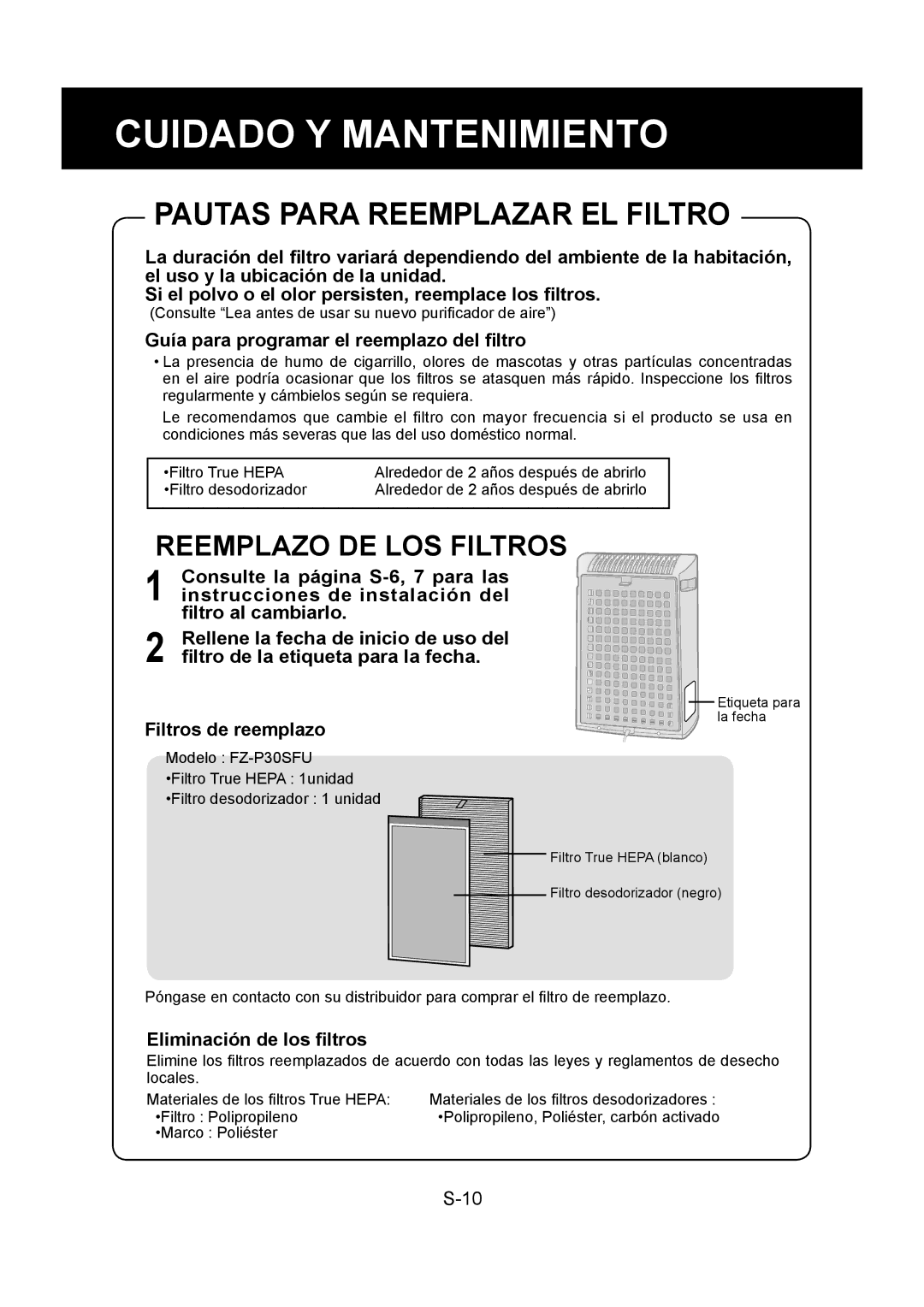 Sharp FP-P30U operation manual Pautas Para Reemplazar EL Filtro 