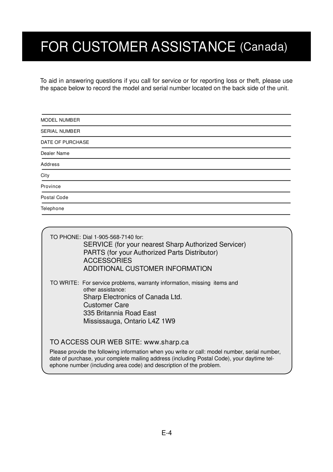 Sharp FP-P30U operation manual For Customer Assistance Canada 