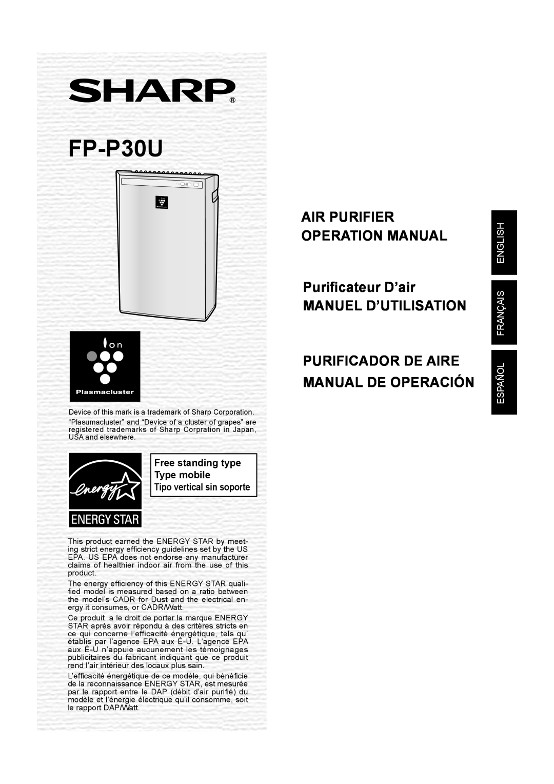 Sharp FP-P30U operation manual Manuel D’Utilisation, Purificador De Aire Manual De Operación, Tipo vertical sin soporte 