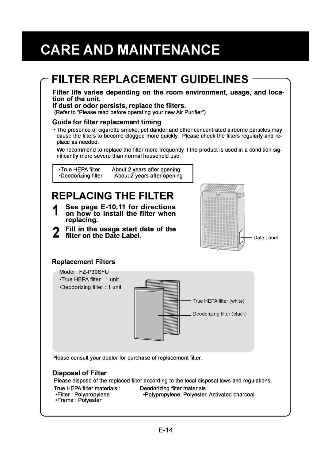 Sharp FP-P30U operation manual Filter Replacement Guidelines, Replacing The Filter, E-14, Care And Maintenance 
