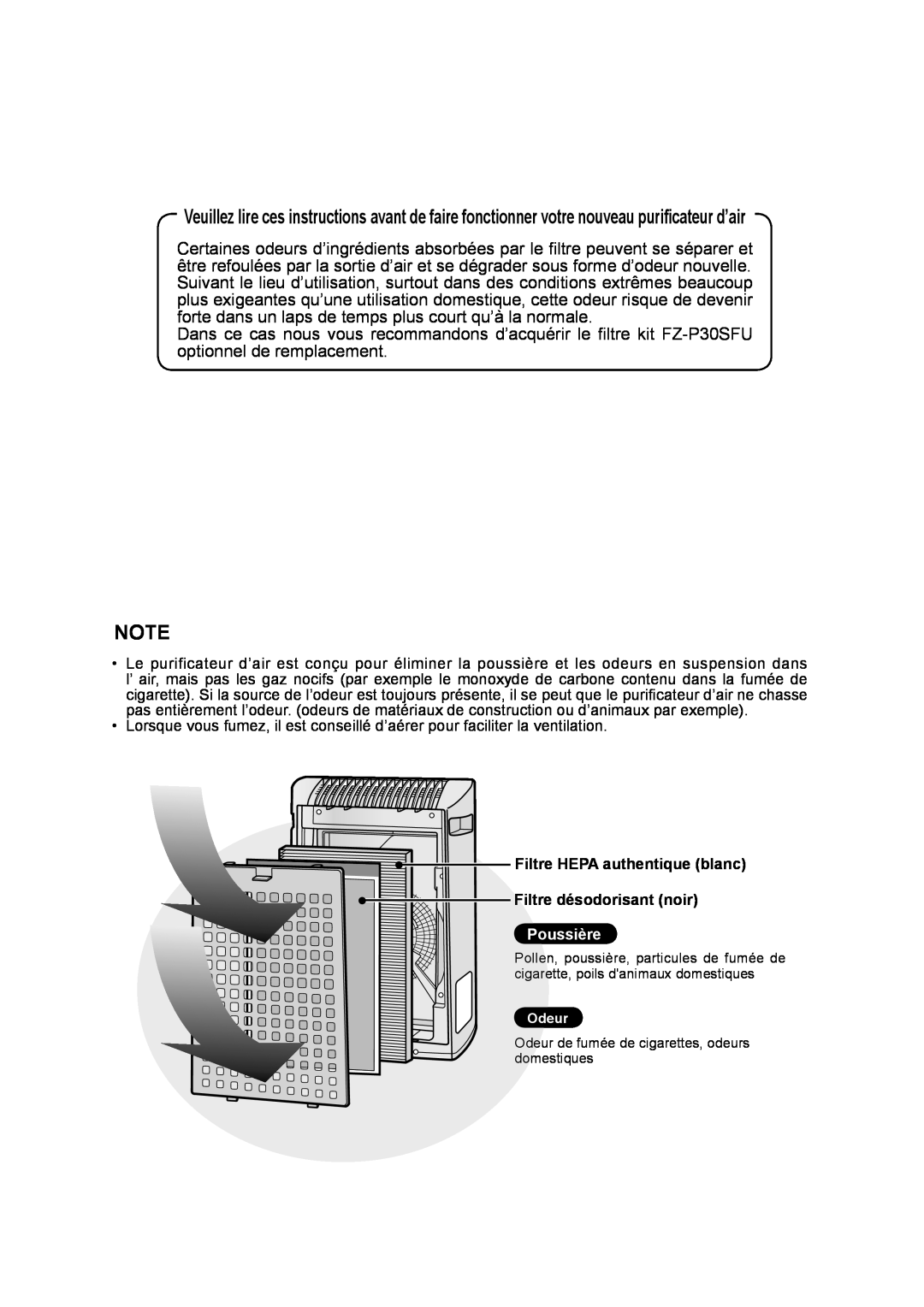 Sharp FP-P30U operation manual Filtre HEPA authentique blanc, Filtre désodorisant noir, Poussière 