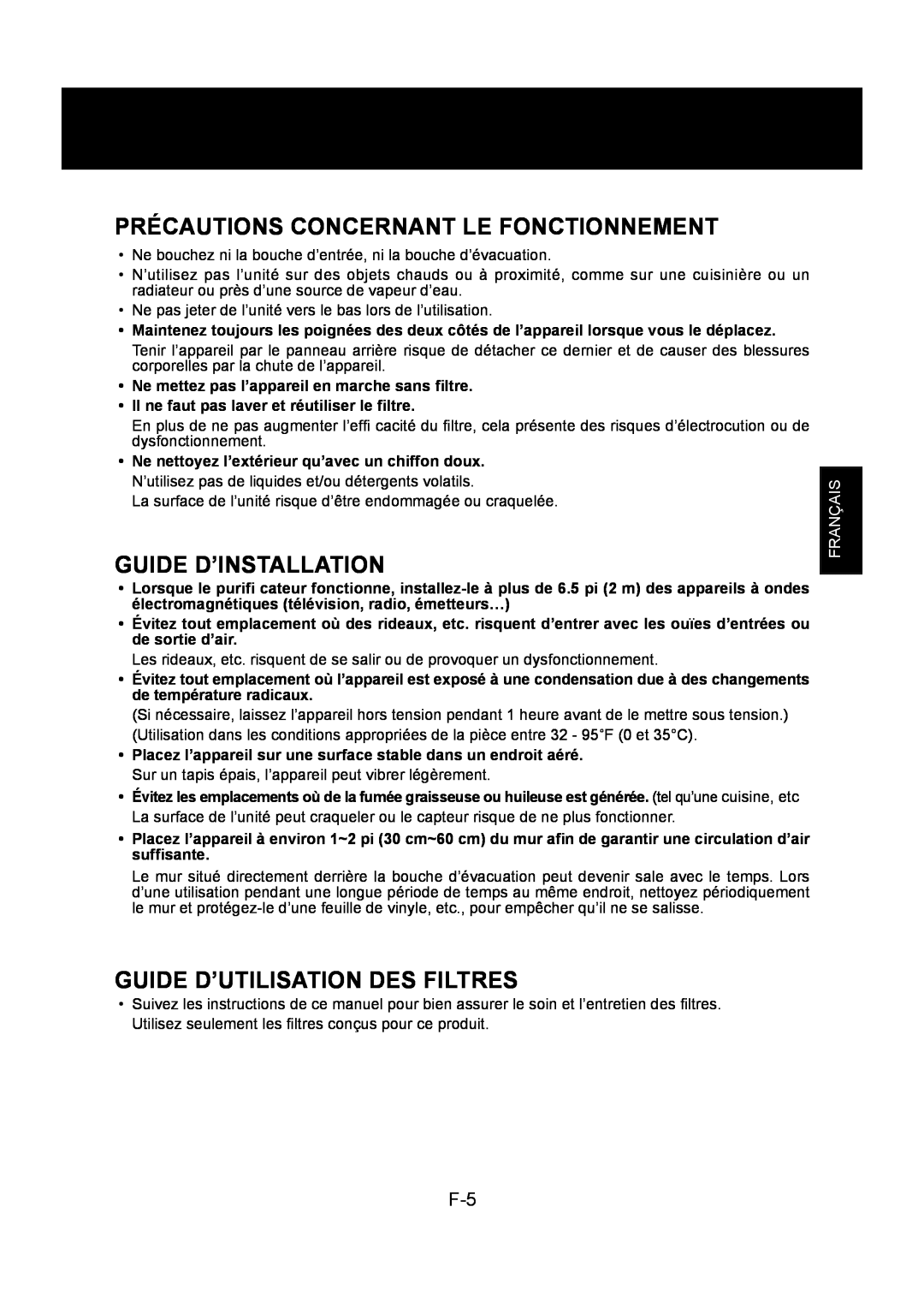 Sharp FP-P30U Précautions Concernant Le Fonctionnement, Guide D’Installation, Guide D’Utilisation Des Filtres, Français 