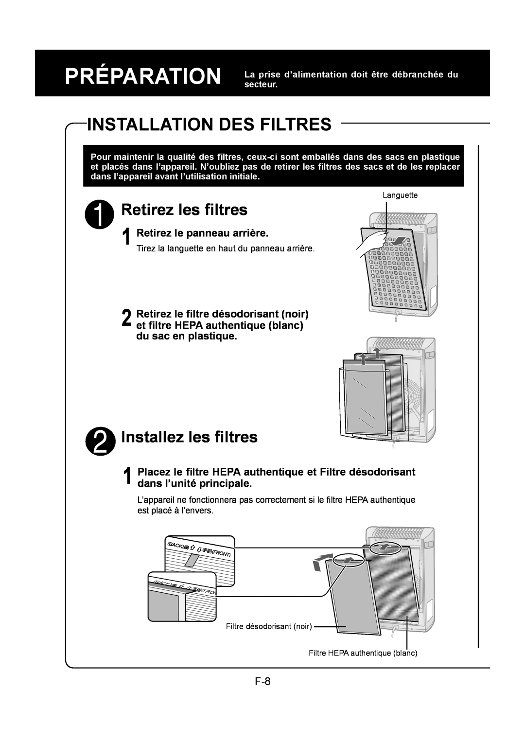 Sharp FP-P30U operation manual Installation Des Filtres, Retirez les ﬁltres, Installez les ﬁltres 