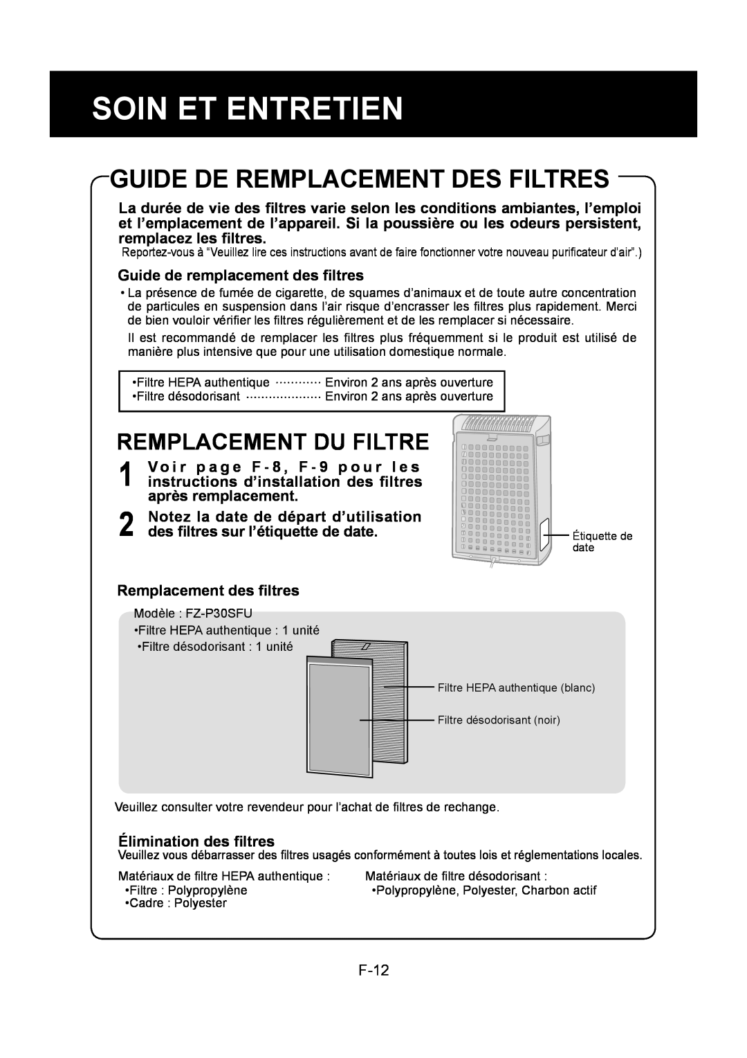 Sharp FP-P30U operation manual Guide De Remplacement Des Filtres, Remplacement Du Filtre, F-12, Soin Et Entretien 