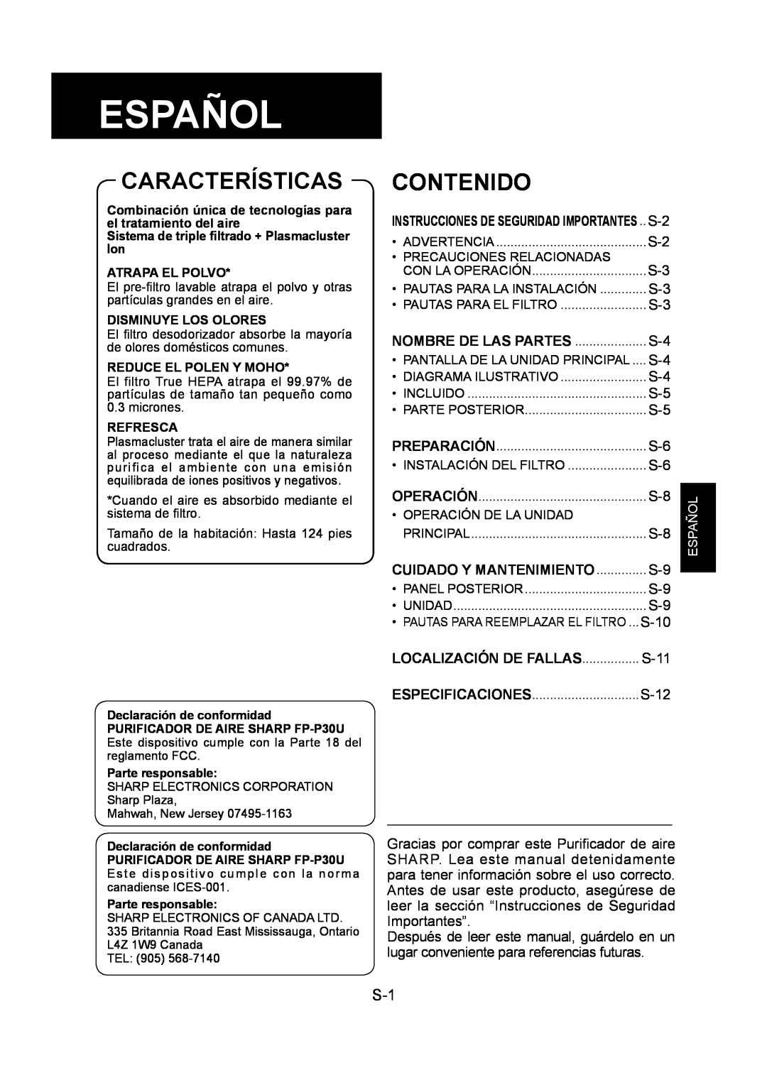 Sharp FP-P30U operation manual Español, Características, Contenido, Localización De Fallas 