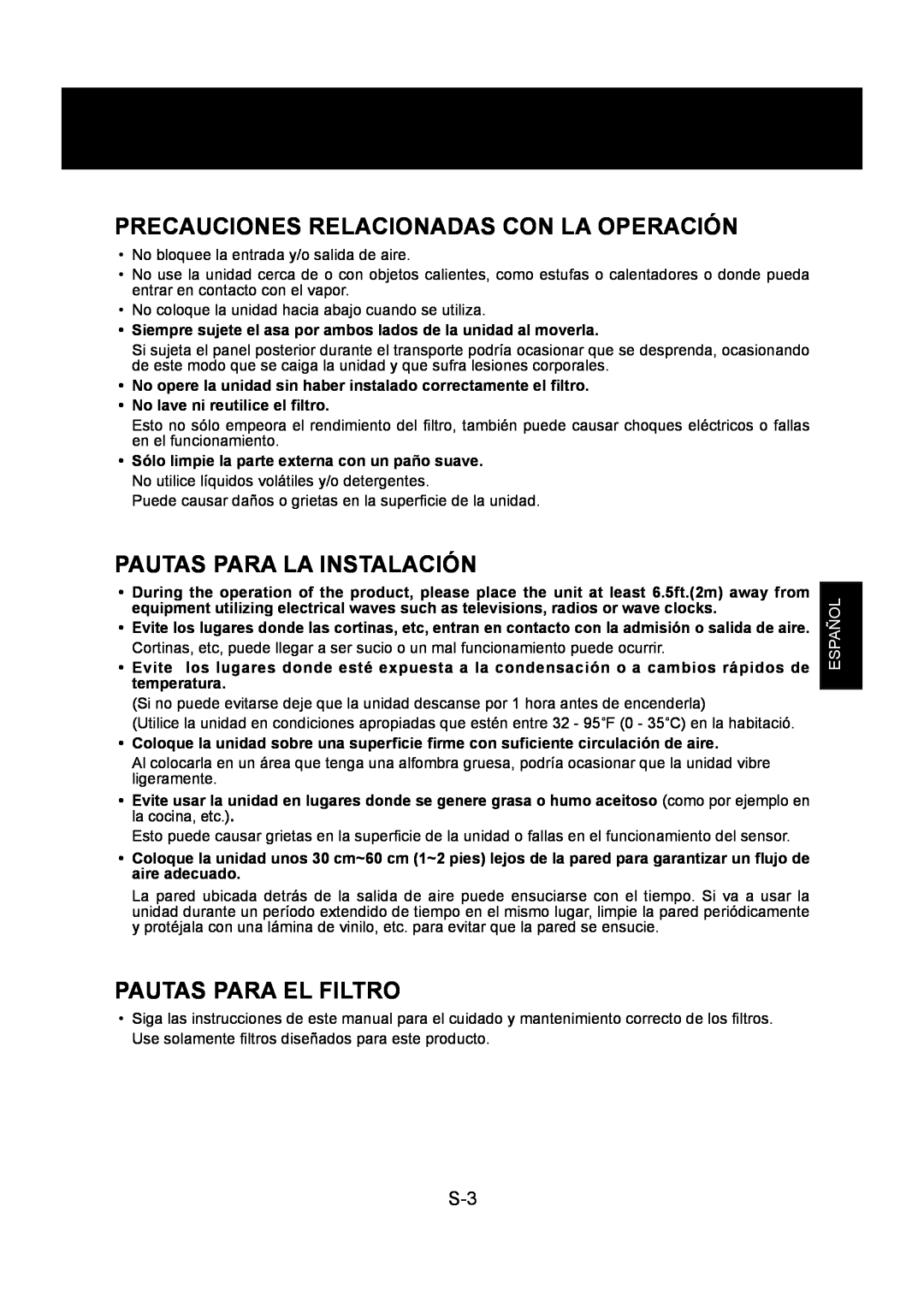 Sharp FP-P30U Precauciones Relacionadas Con La Operación, Pautas Para La Instalación, Pautas Para El Filtro, Español 