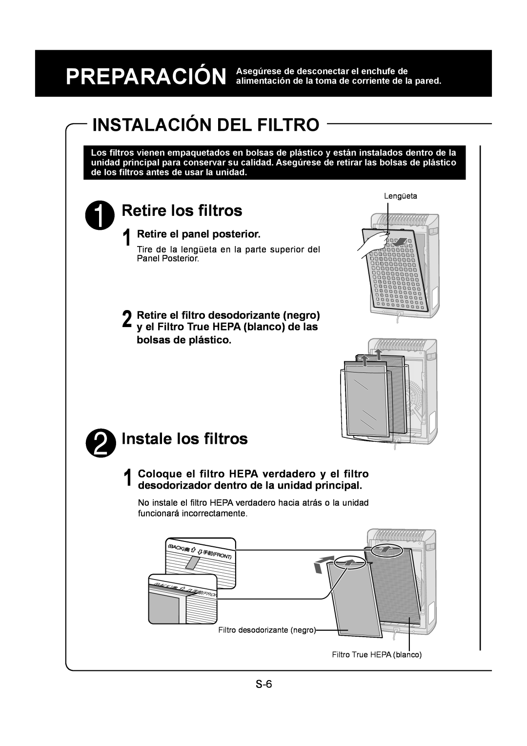Sharp FP-P30U operation manual Instalación Del Filtro, Retire los ﬁltros, Instale los ﬁltros 