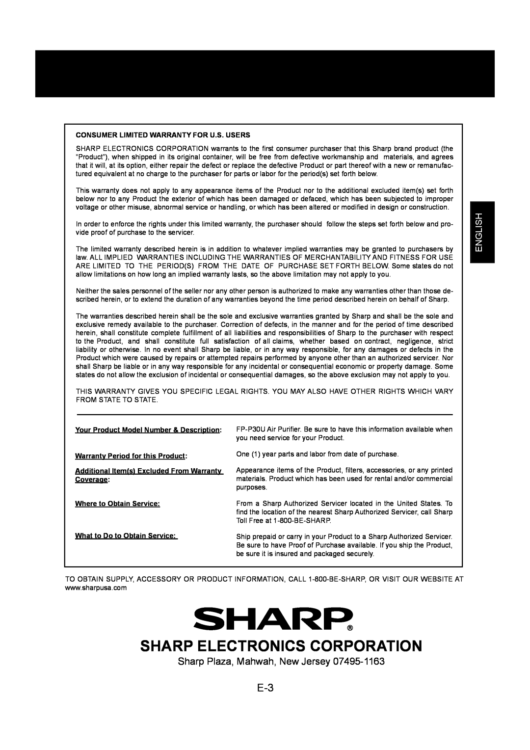 Sharp FP-P30U operation manual Sharp Electronics Corporation, English, Consumer Limited Warranty For U.S. Users 