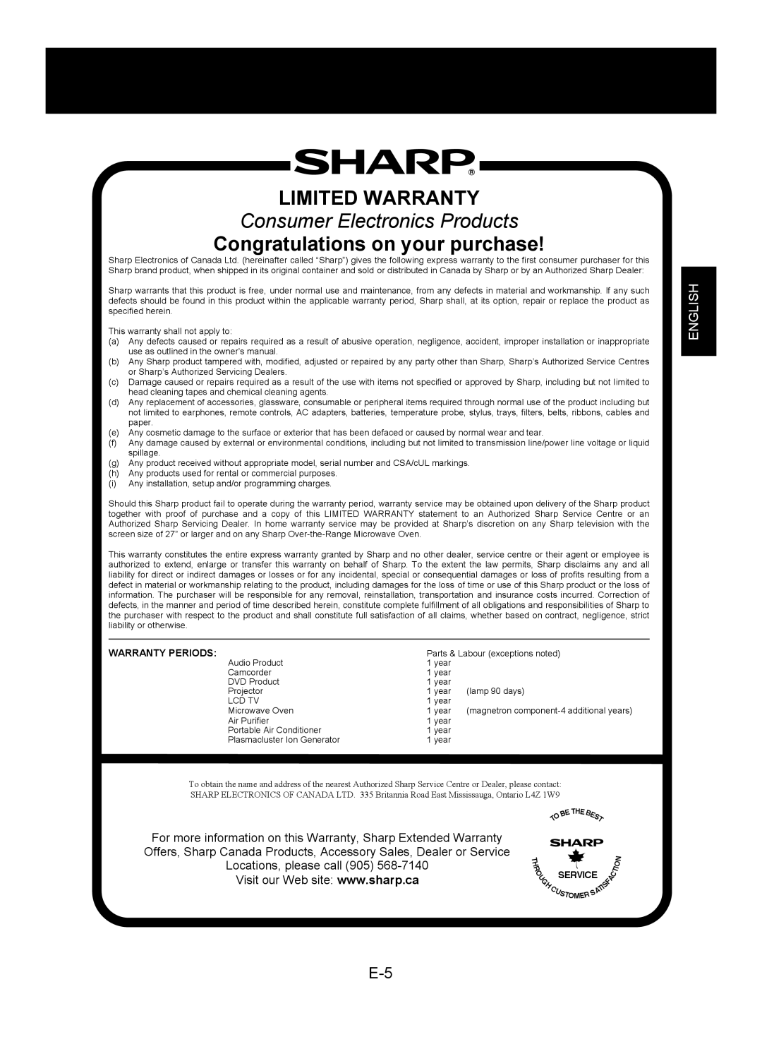 Sharp FP-P30U Limited Warranty, Consumer Electronics Products, Congratulations on your purchase, English, Warranty Periods 