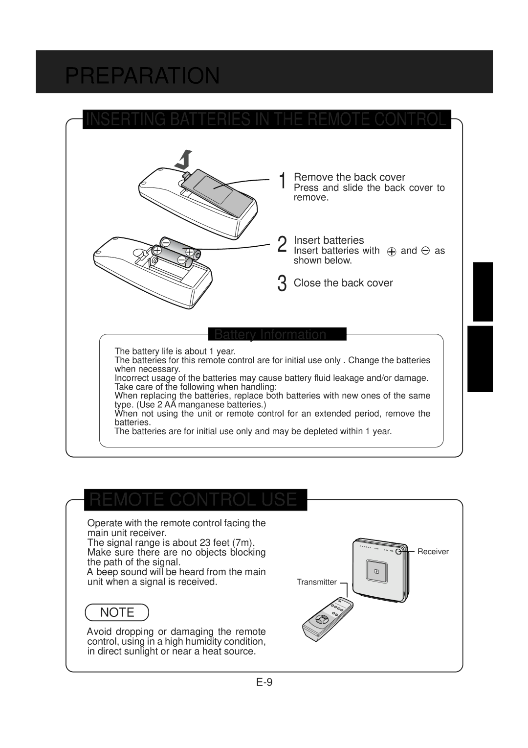 Sharp FP-R30CX Preparation, Remote Control USE, Remove the back cover, Insert batteries, Close the back cover 