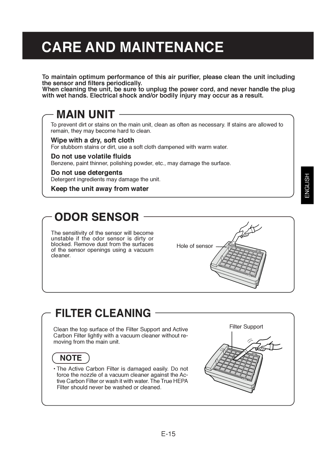 Sharp FP-R30CX operation manual Care and Maintenance, Main Unit, Odor Sensor, Filter Cleaning 