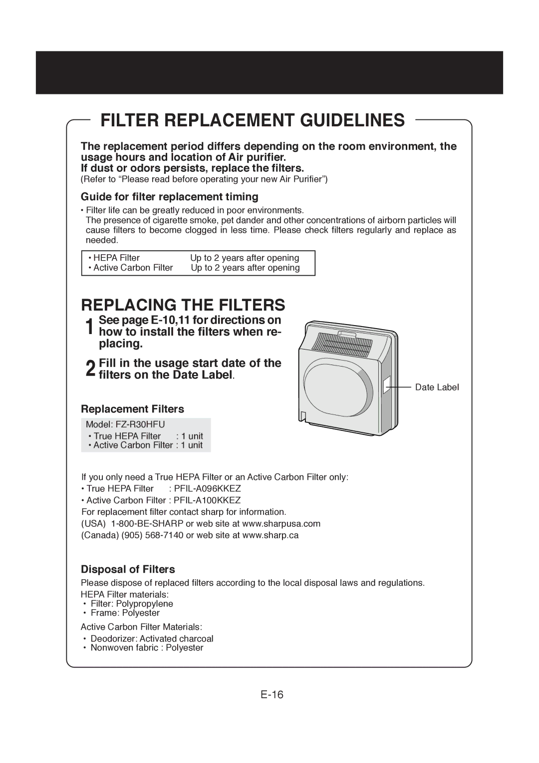 Sharp FP-R30CX operation manual Filter Replacement Guidelines, Guide for filter replacement timing, Replacement Filters 