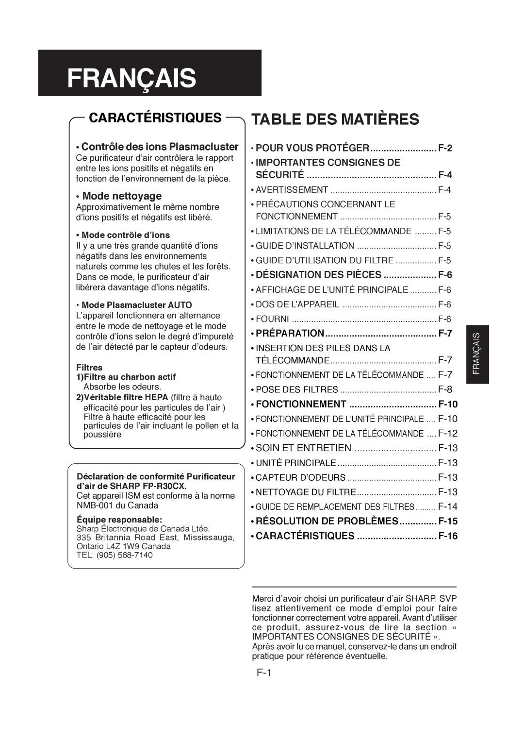 Sharp FP-R30CX operation manual Contrôle des ions Plasmacluster, Mode nettoyage, Mode contrôle d’ions, Équipe responsable 