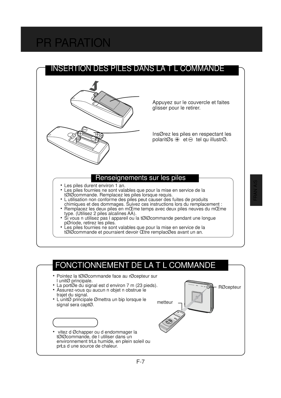 Sharp FP-R30CX operation manual Préparation, Insertion des piles 