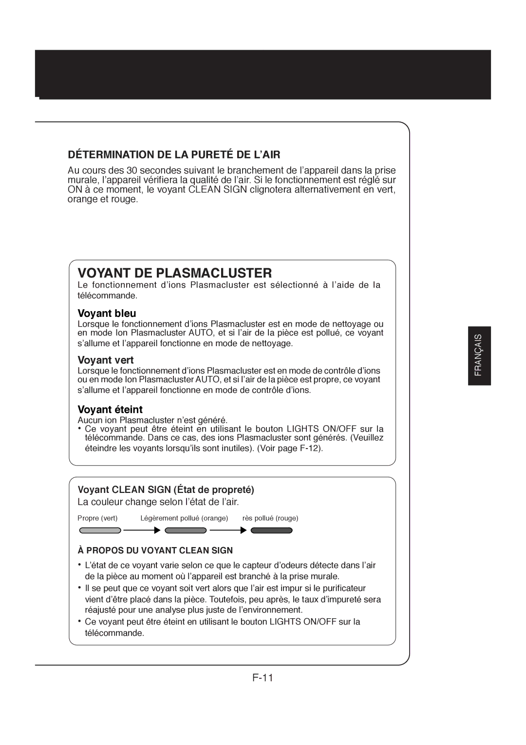 Sharp FP-R30CX operation manual Détermination DE LA Pureté DE L’AIR, Voyant vert 