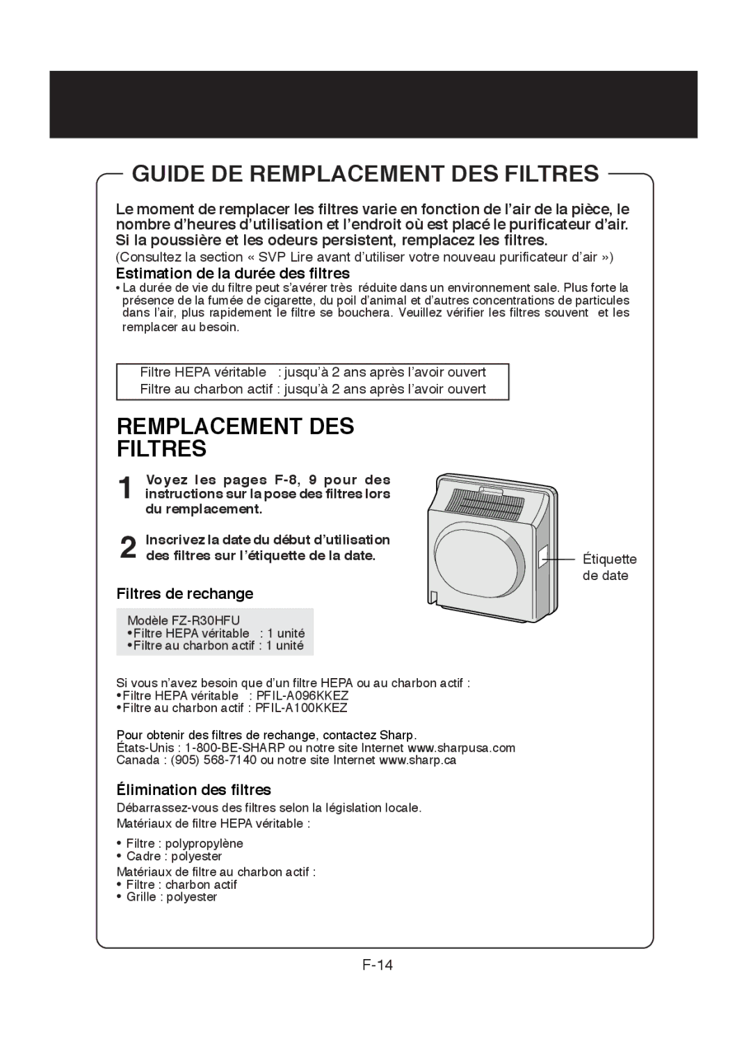 Sharp FP-R30CX operation manual Guide DE Remplacement DES Filtres 