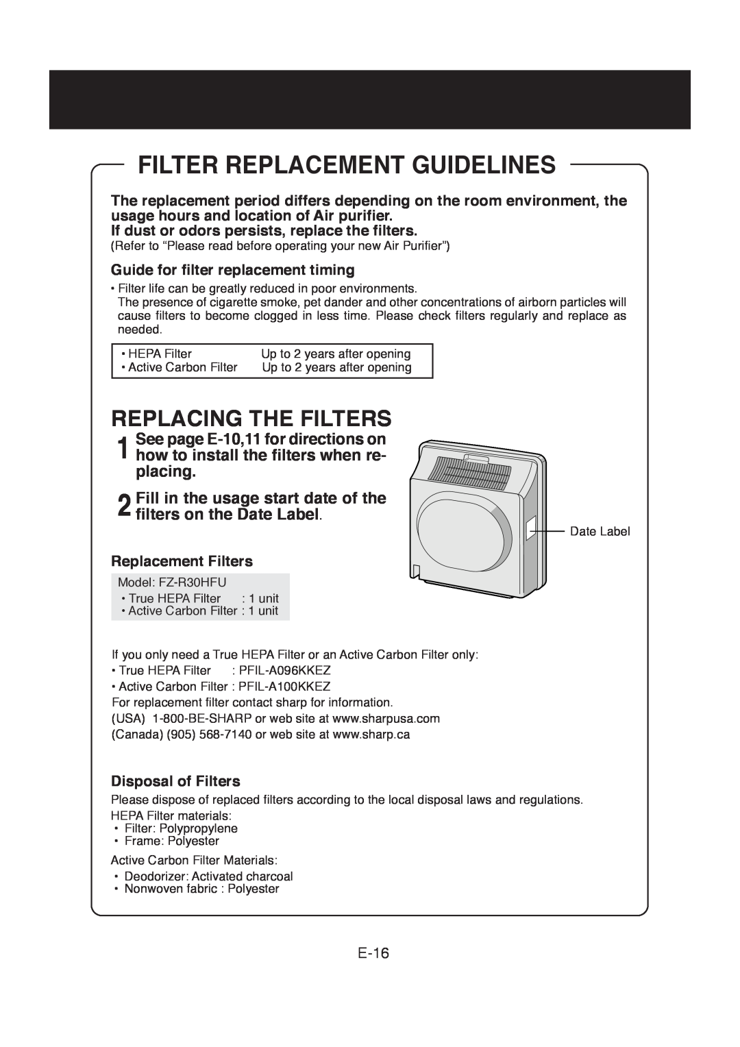 Sharp FP-R30CX operation manual Filter Replacement Guidelines, Replacing The Filters 