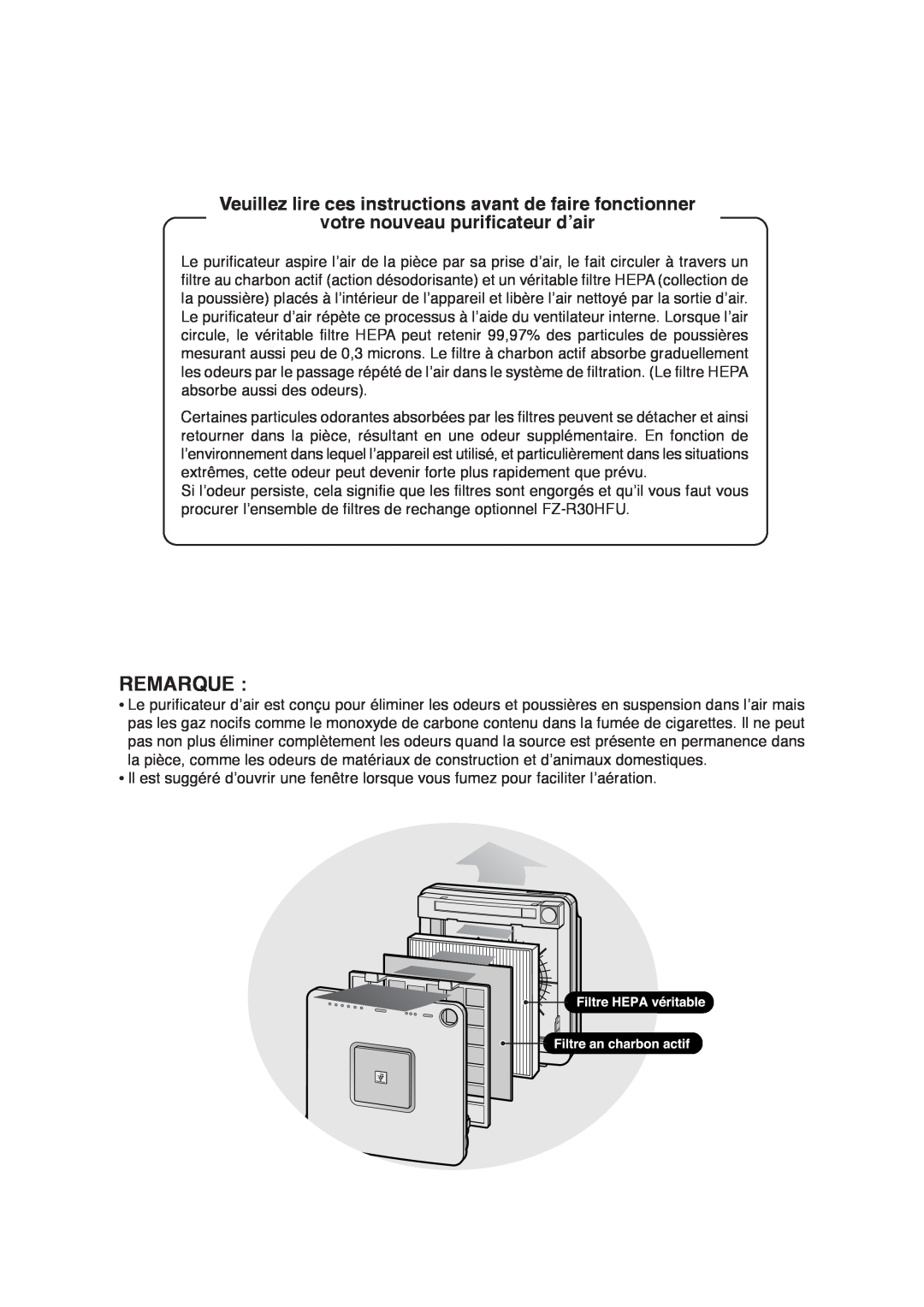 Sharp FP-R30CX operation manual Remarque, votre nouveau purificateur d’air 