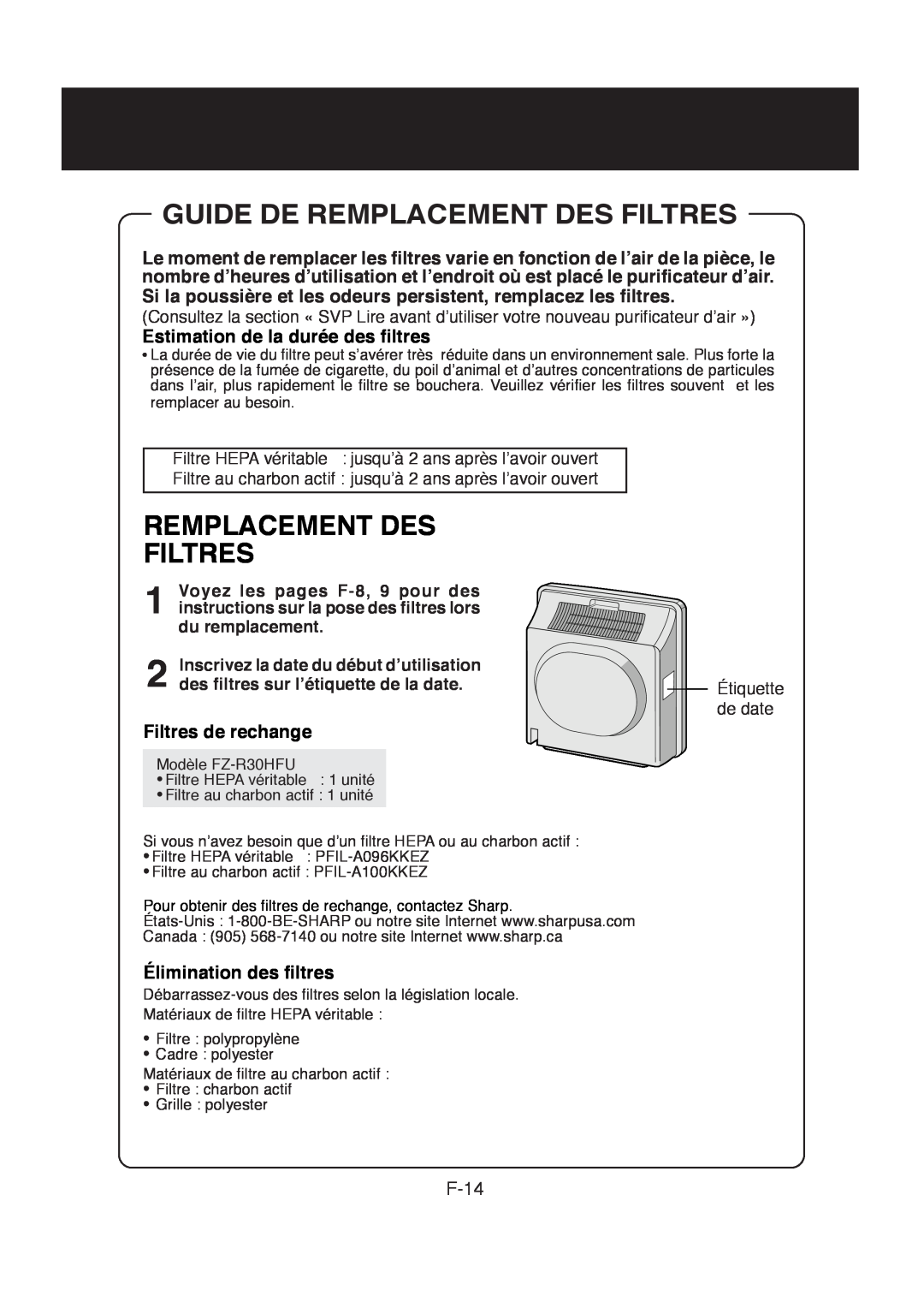 Sharp FP-R30CX Guide De Remplacement Des Filtres, Estimation de la durée des filtres, Filtres de rechange, F-14 