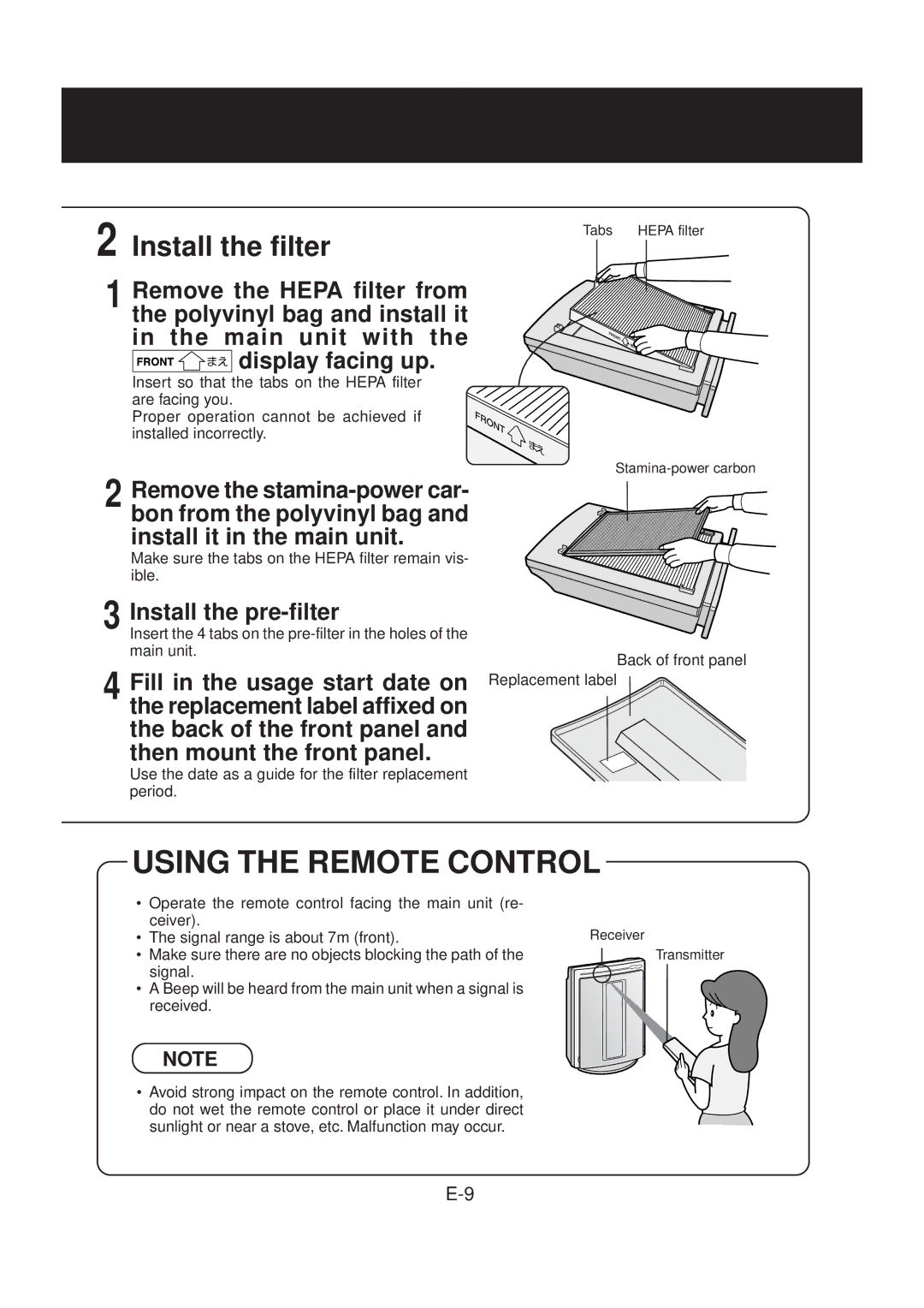 Sharp FU-40SE-K operation manual Install the filter, Back of the front panel and then mount the front panel 