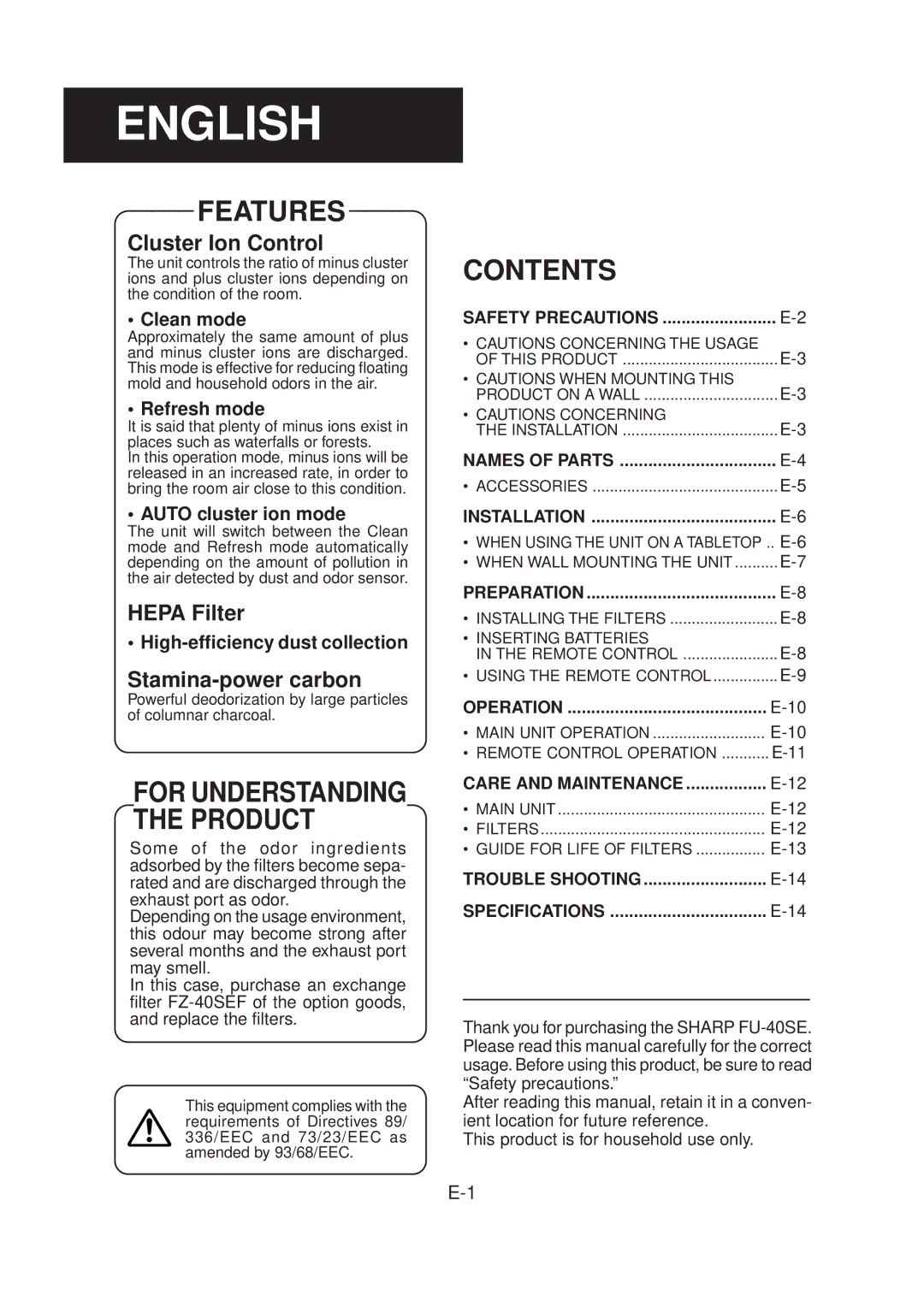 Sharp FU-40SE-K operation manual Features, Contents 